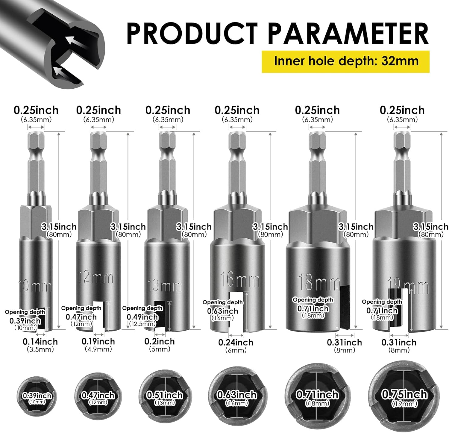 6 Pack 1/4" Hex Shank Wing Nut Driver Bit Sockets, Slot Nut Socket for Panel Nuts Screws Eye C Hook Bolt (6 Size: 10/12/13/16/18/19mm)