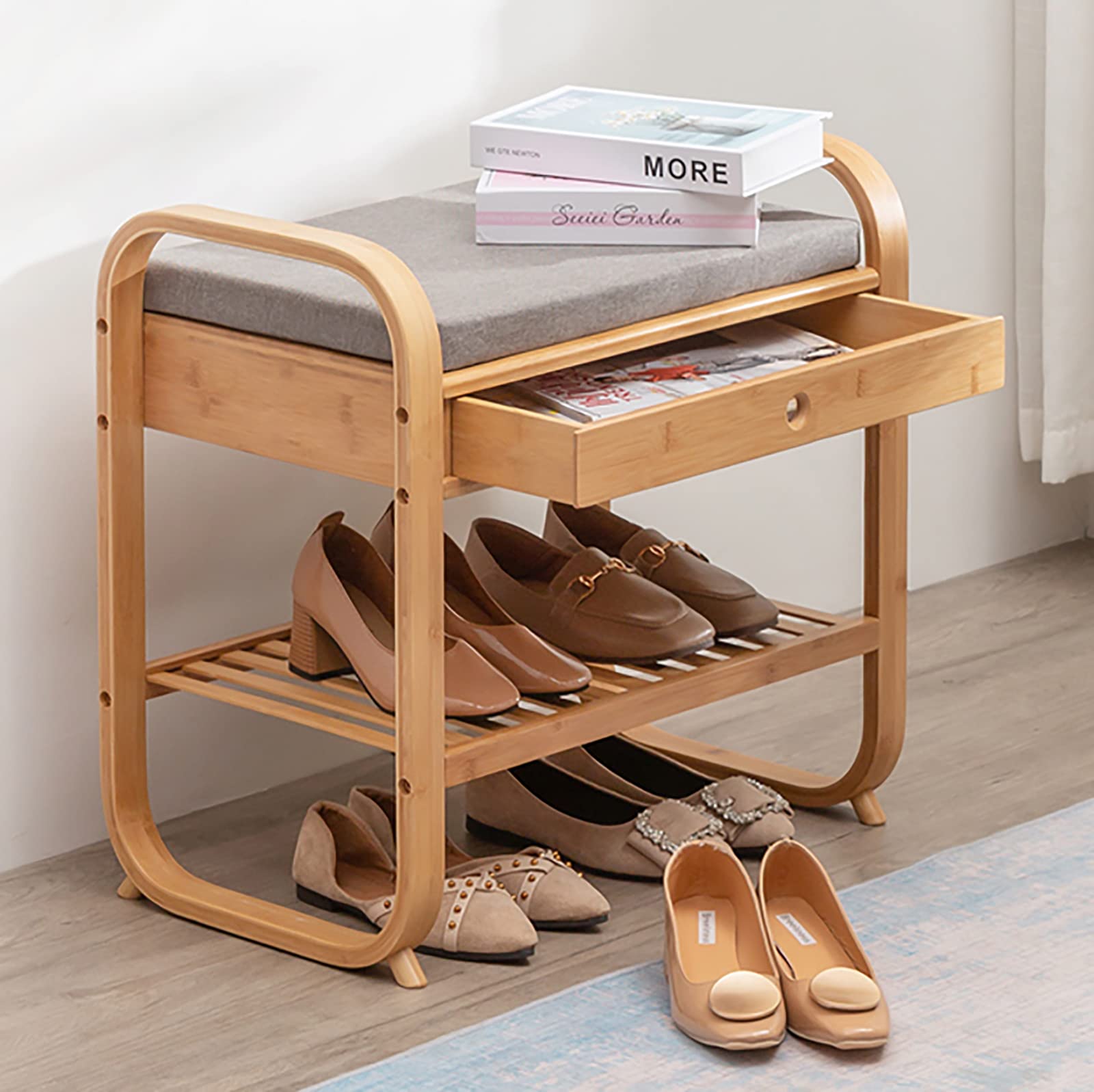 Bancs de rangement à chaussures en bois de bambou étagère d'entrée avec coussin assise et tiroir