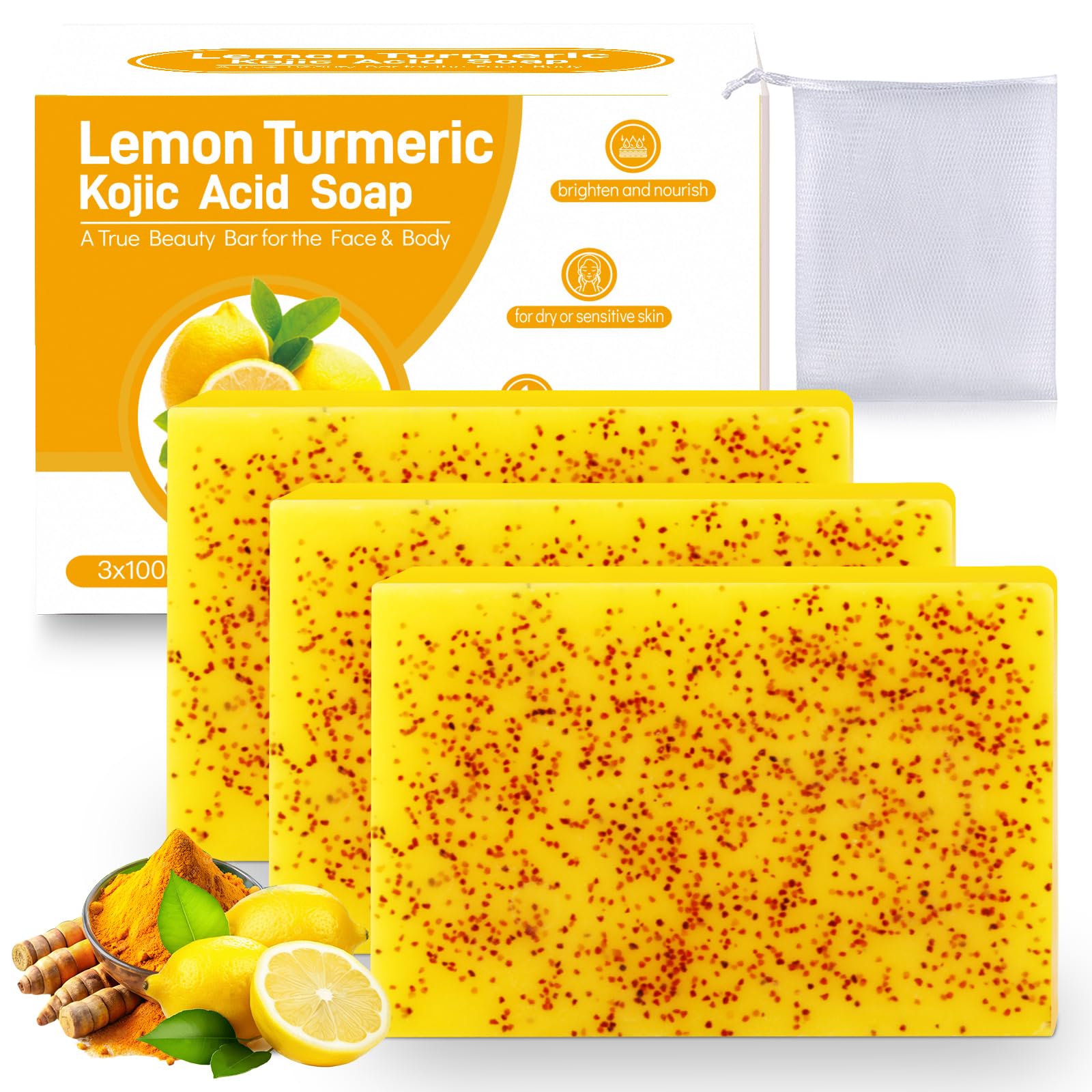 Lemon Kojic Acid Soap — Lemon Turmeric Bar with Vitamin C for Face, Body, Hands — Turmeric Soap for Dry Sensitive Skin (3 Bars)