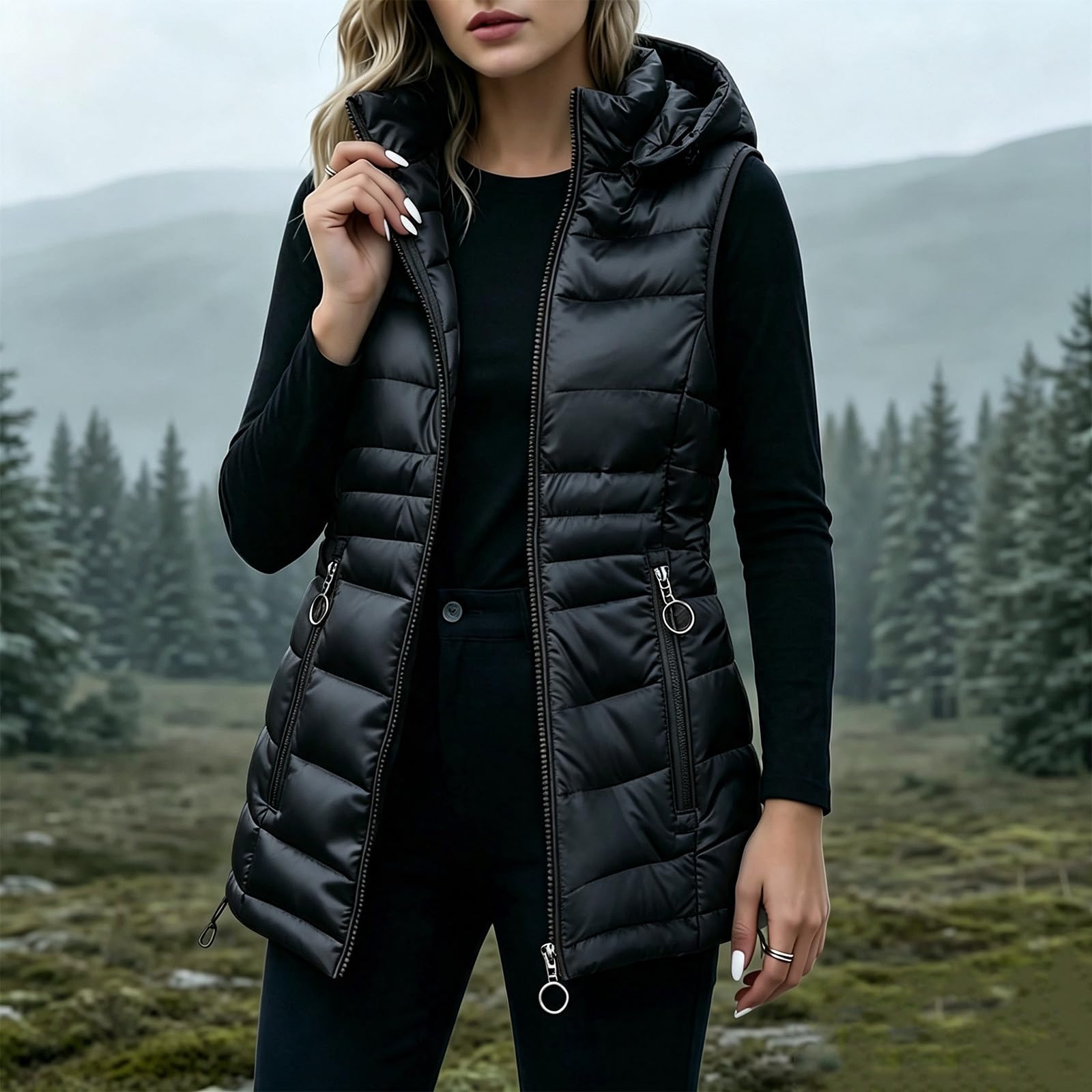 Gilet da donna con cappuccio invernale casual Puffer gilet donna longline colletto alla coreana giacche senza maniche con cerniera cappotti trapuntati imbottiti di media lunghezza con tasche con