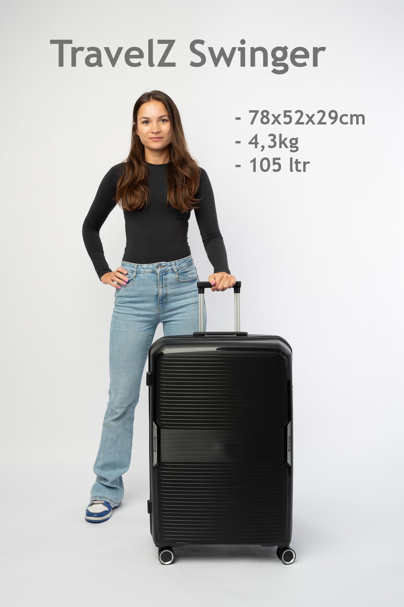 TravelZ Swinger Duża walizka podróżna 105ltr - Twarda walizka z zamkiem TSA i 4 kółkami (Czarny, 78cm)