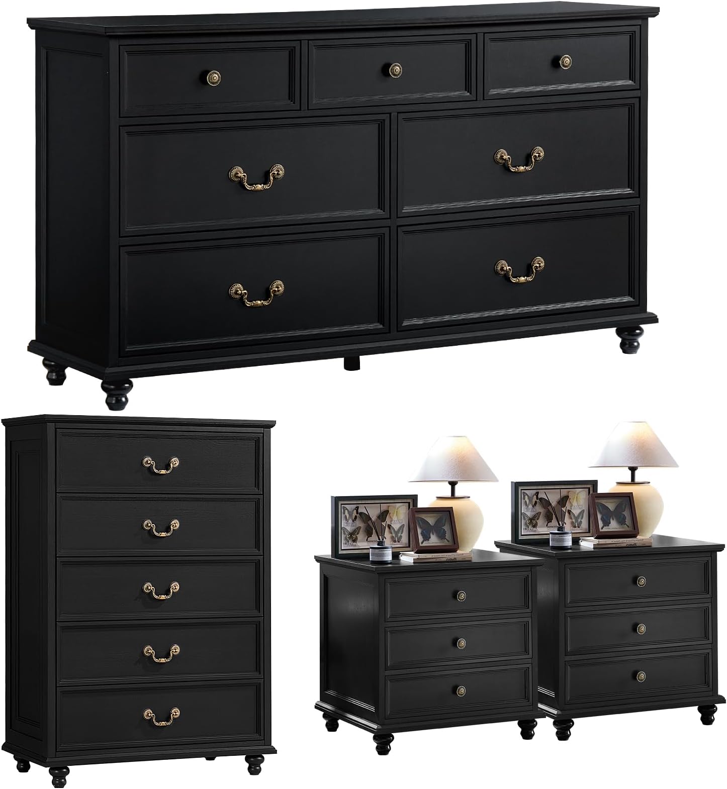 - 24" Wide Farmhouse Nightstand Set of 2, 54" 7 Drawers Dresser, 45" Tall Rustic Chests of 5 Drawers w/ 4 Solid Wood Feet, Farmhouse Furniture Series for Living Room,Bedroom,Black