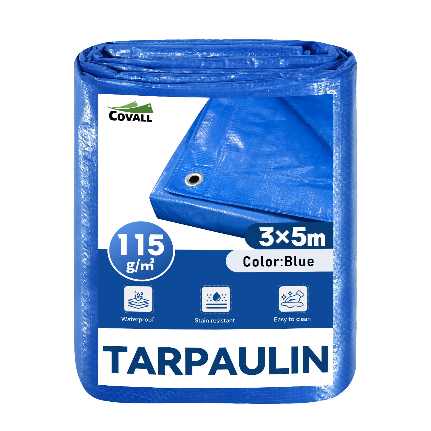 COVALL Tarpaulin Waterproof Heavy Duty 3m x 5m (9.8x16.4ft) -115gsm Blue Plastic Sheeting Weatherproof & Tear-Resistant Cover For Garden,Camping,Roof,Pool,RV — image 1
