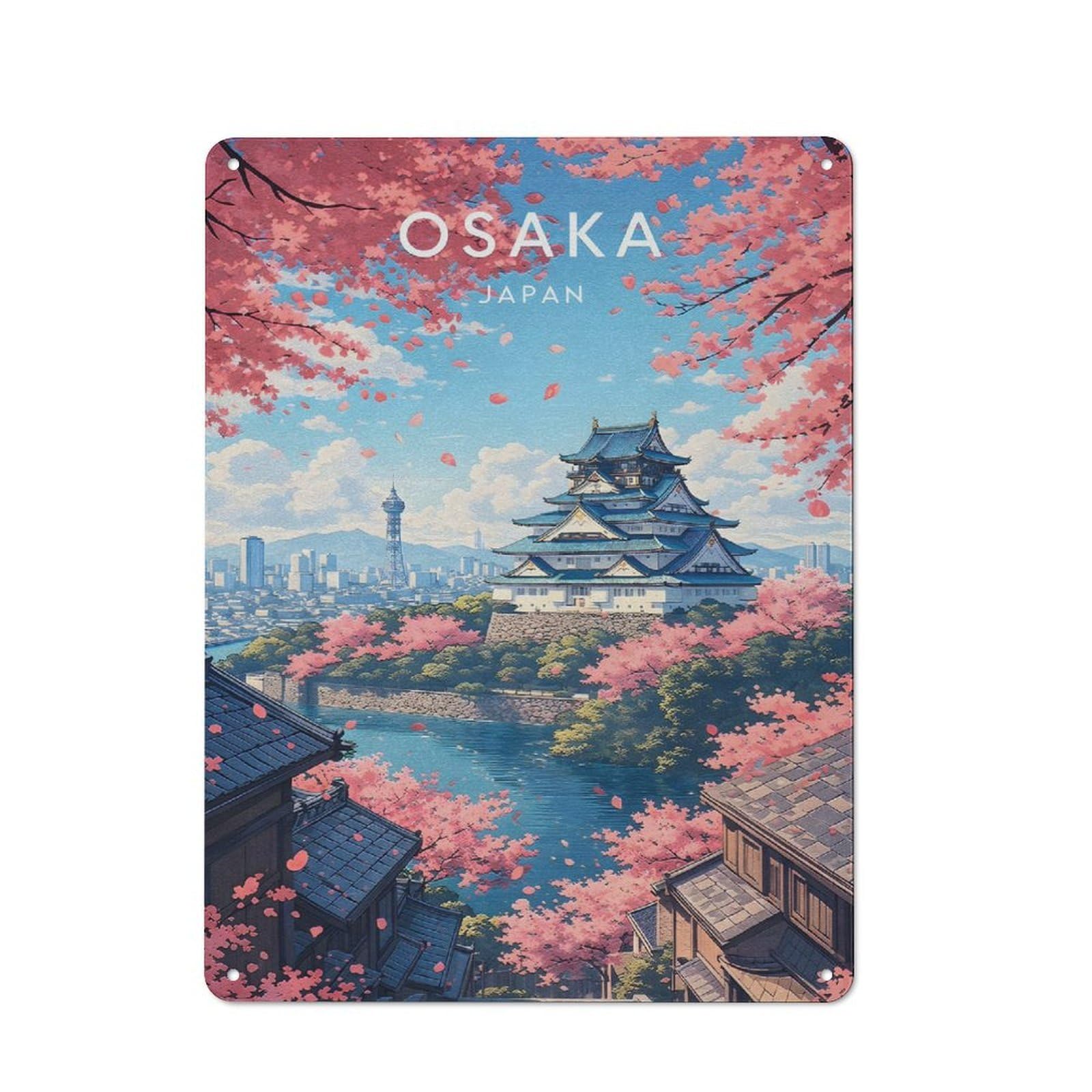Osaka Castle Cherry Blossoms Retro Metal Wall Decor 40x30cm, Tin Wall Sign for Coffee Bar, Small Shop Or Dining Room