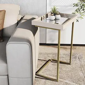 Mesa de Apoio Lateral para Sofá Bandeja Removível Estilo Moderno (Pérola/Dourado)