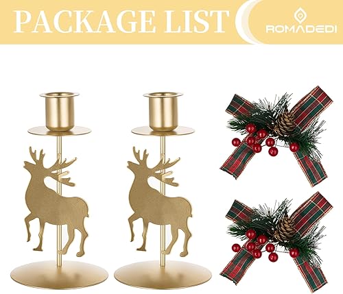 Miniatura 6 de Romadedi Portavelas de decoración navideña candelabro de reno dorado, decoración de bayas rojas para centro de mesa cónica, adornos festivos, mantel