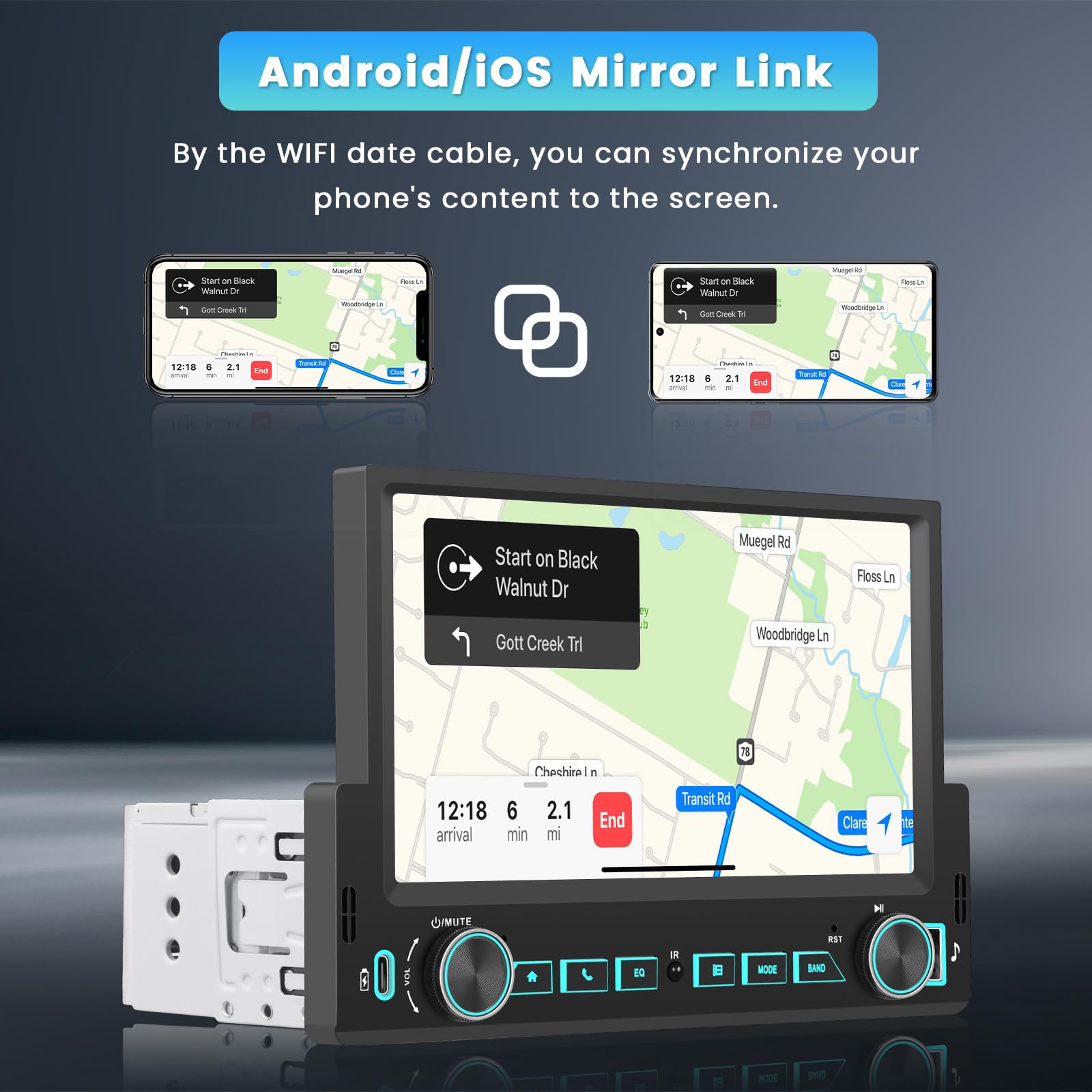 Inefala Radio samochodowe 1 din z wyświetlaczem 7 cali, bezprzewodowe Carplay Android Auto, radio Bluetooth 1 din z Mirror Link, radio FM, USB Type-C, kamera cofania, mikrofon