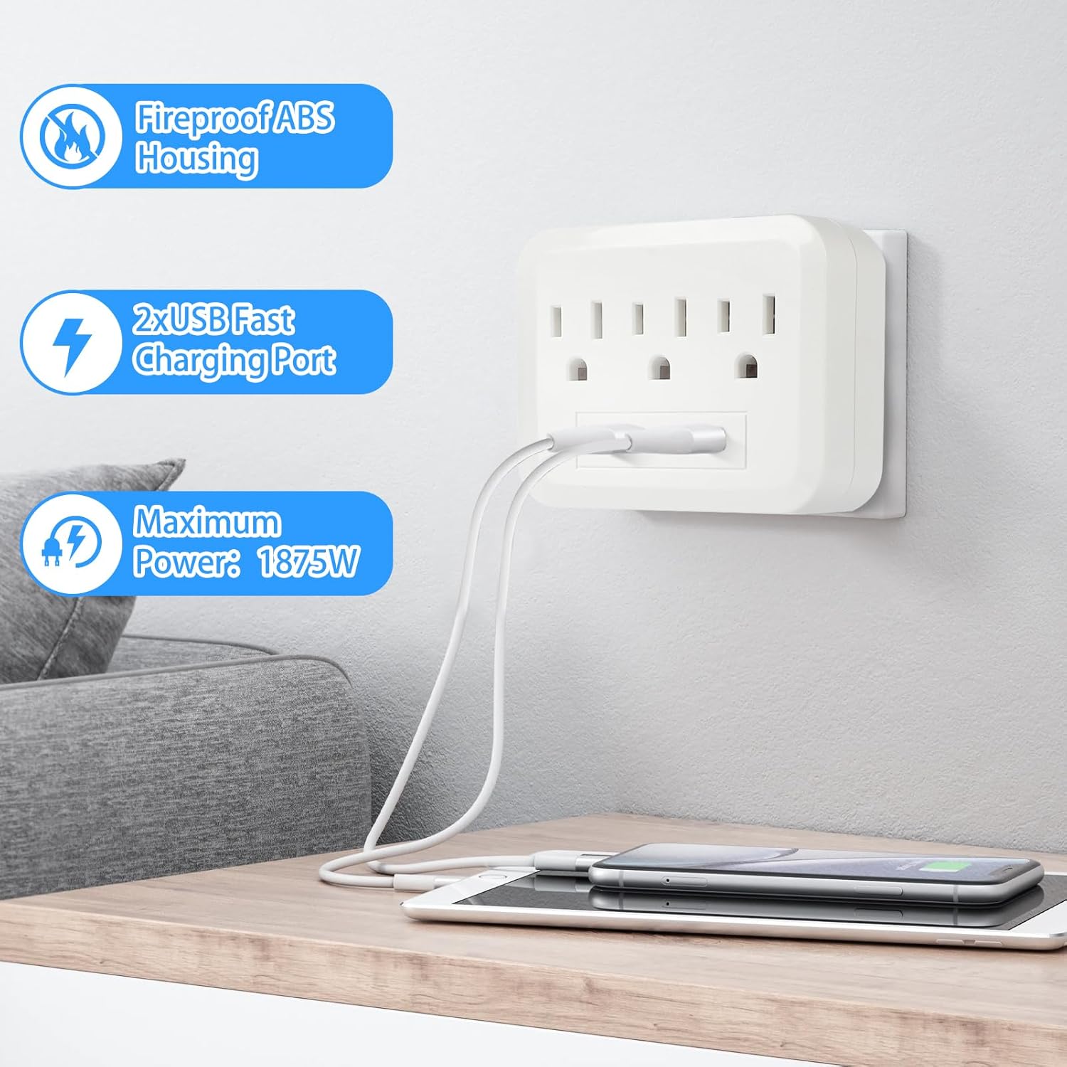 Outlet Extender, Surge Protector Outlet with 3-Multi Plug Outlet and 2 USB Ports, Fast Charging Power Strip, 5-in-1 Wall Charger,Multiple-Plug Outlet Splitter for Home Travel Office,Space Saving,White