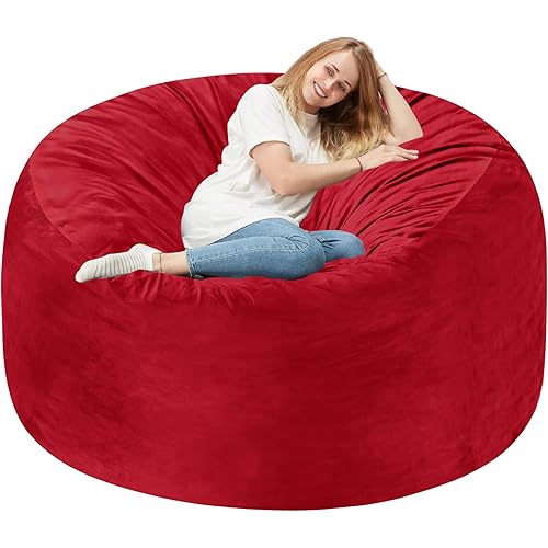 Homguava 5FT Bean Bag Chair Giant BeanBag with Memory Foam Filled, Comfy Bean Bag Chairs for Adults, Adult Bean Bag Chair with Dutch Velvet Cover for Living Room Bedroom-Red