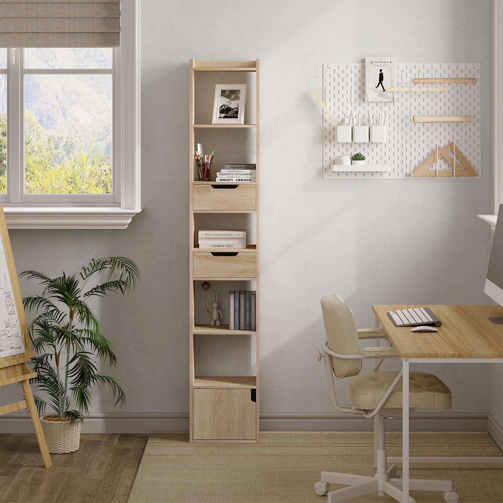 WOLTU Libreria Verticale Autoportante, Scaffale Salvaspazio, Libreria Stretta e Alta, con 2 Cassetti, 6 Ripiani Aperti e 1 Scomparto con Anta, in Legno, Rovere Chiaro, SK042hei