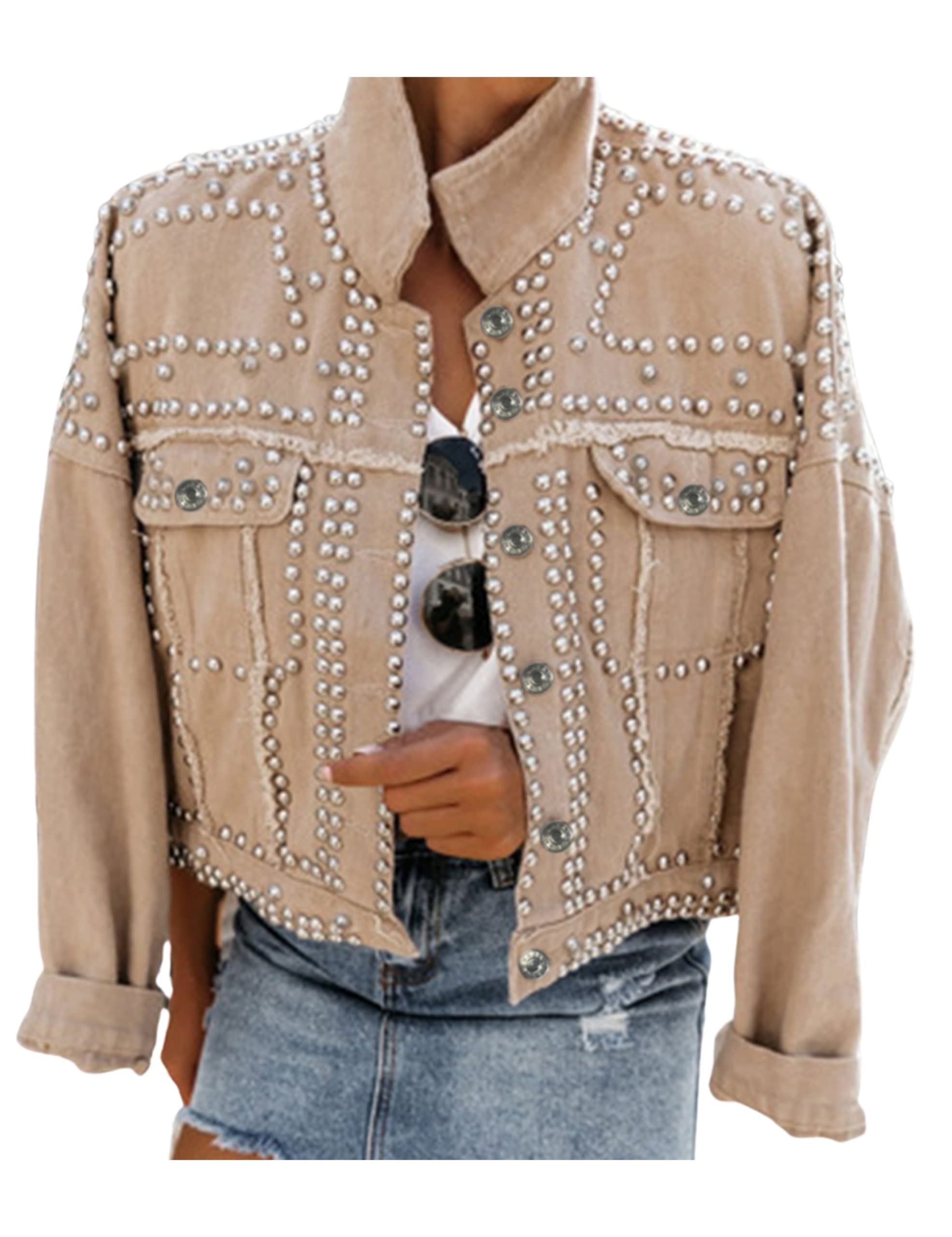 Women's Long Sleeve Rivet Studded Denim Jacket Casual Washed Short Jean Coat Western Outfits
