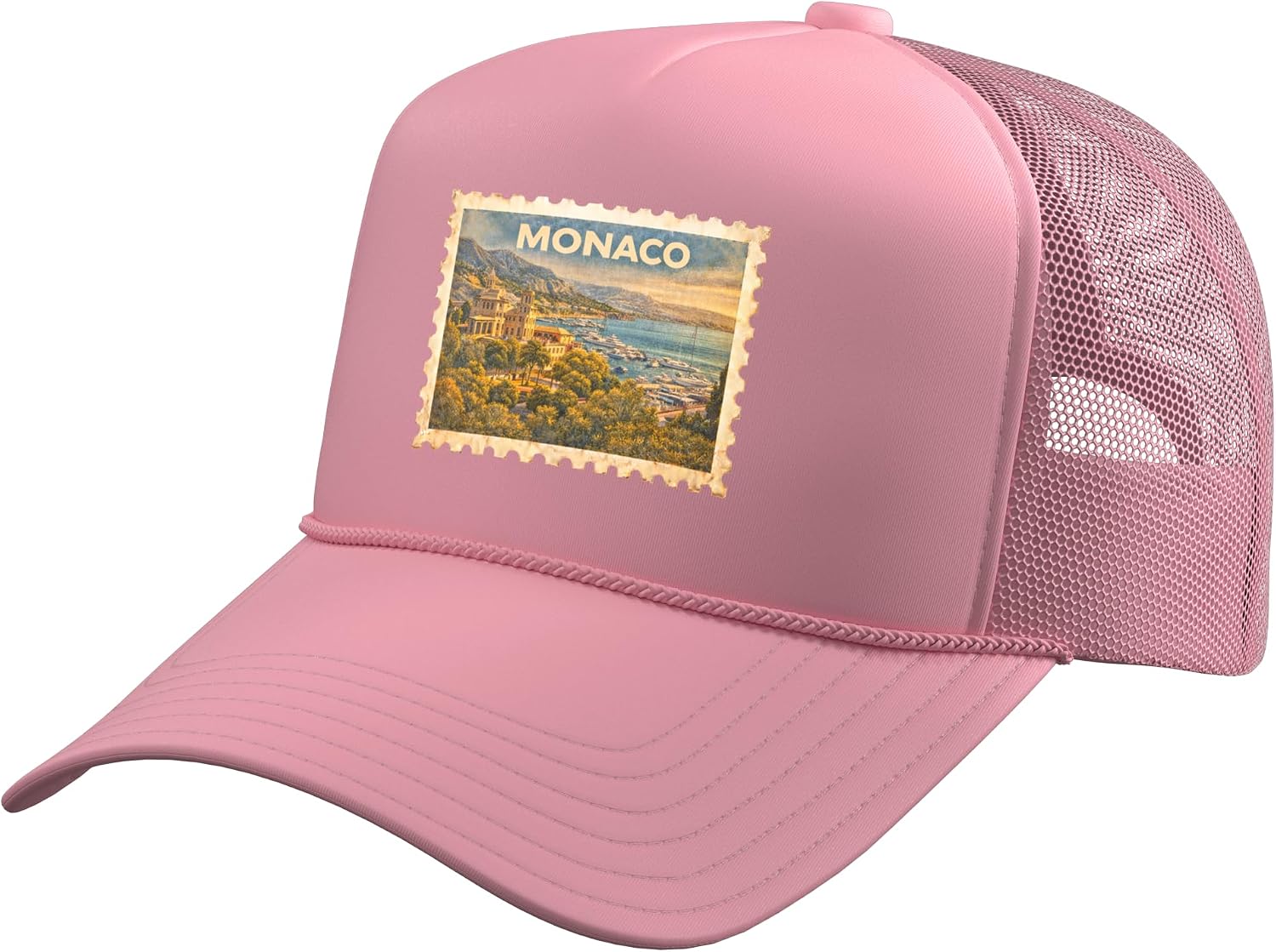 Vintage Monaco Retro Travel Stamp Art Trucker Hat with Adjustable Mesh Back