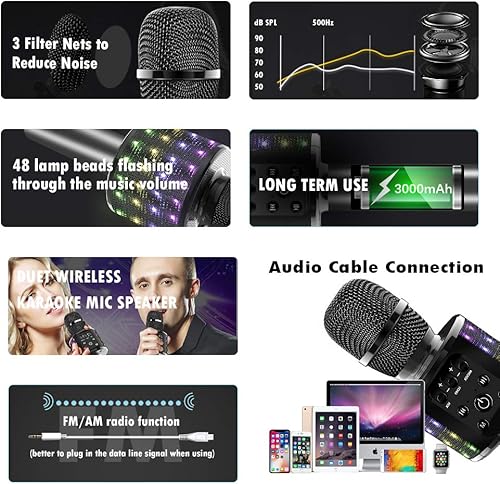 Miniatura 5 de Micrófono de karaoke inalámbrico Bluetooth con luces LED controlables, micrófono divertido portátil de mano para niños con doble canción, adecuado