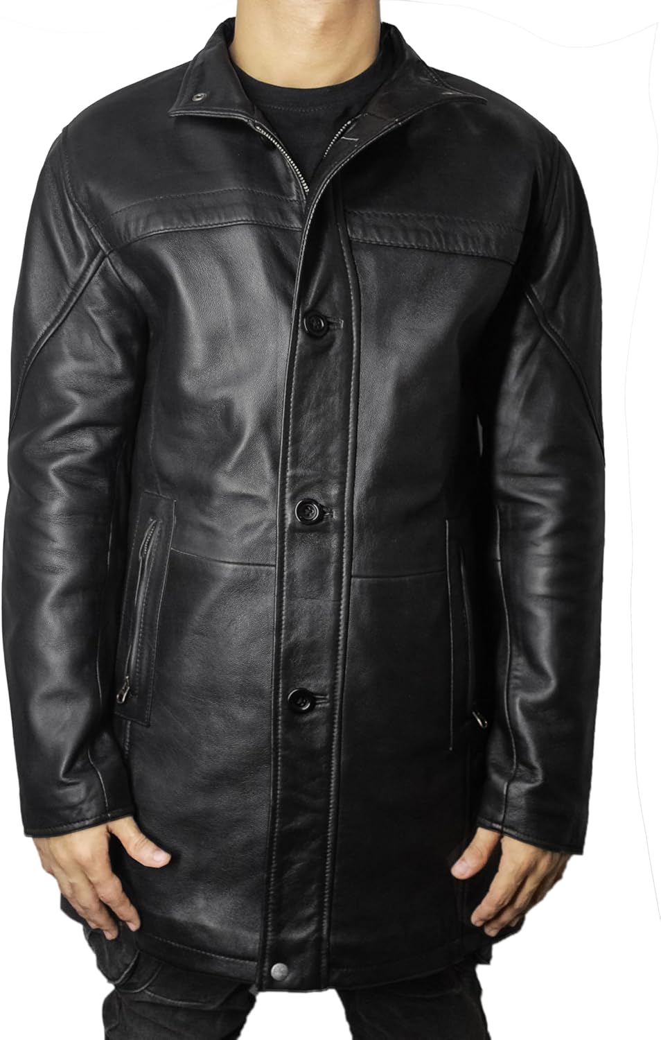 Leather Car Coat For Men 3/4 Length Mens Trench Coat - Real Lambskin Long Jacket For Men - Image 5