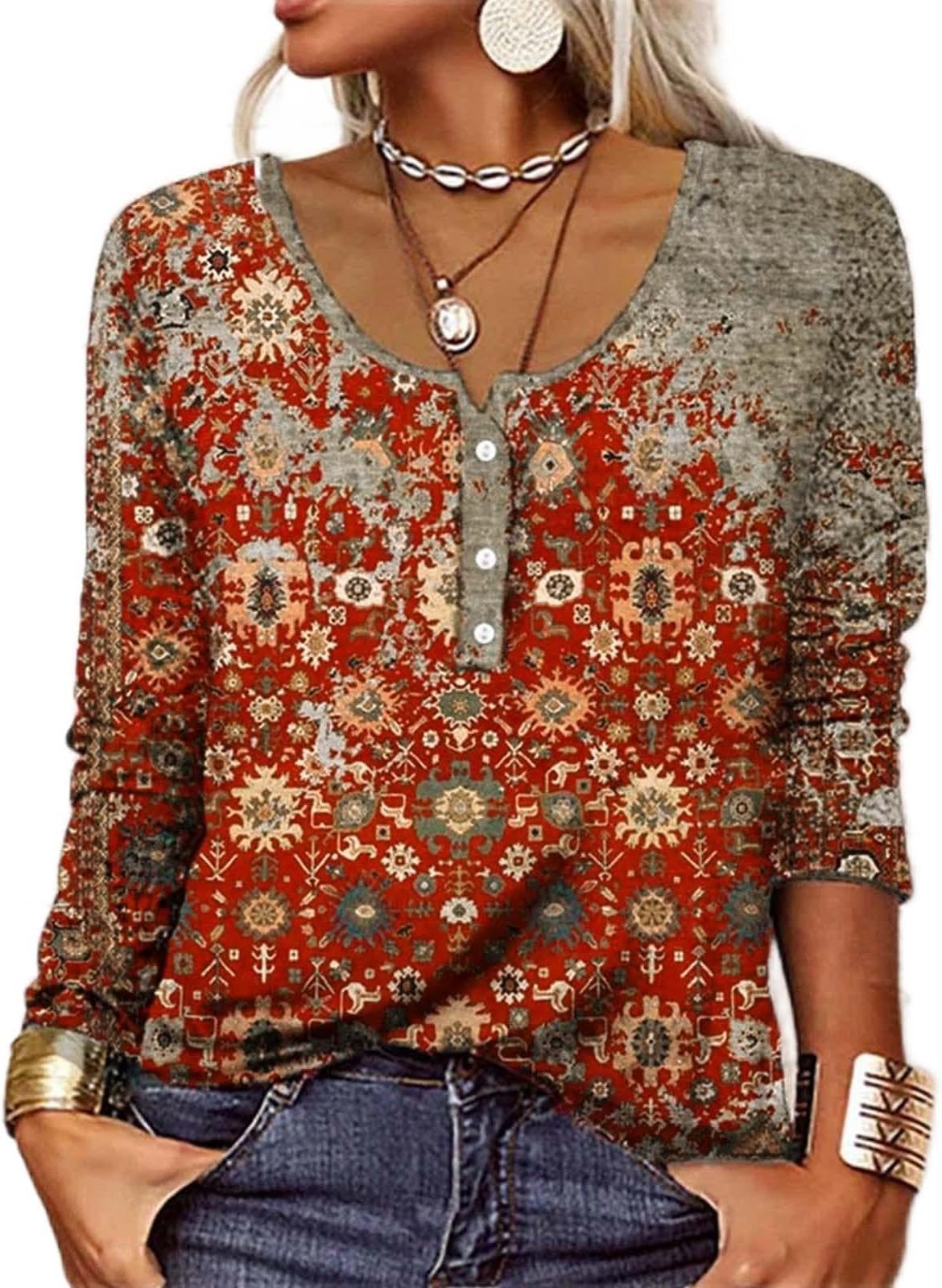 SMIDOWLong Sleeve Tshirt Shirts for Women Vintage Floral Print Button Down Henley Tops Casual Loose Comfy Fall Blouses 2024