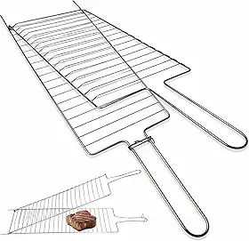 Grelha Dupla Churrasqueira 70x22cm Churrasco Parrilla Abaulada para Carnes Frango Peixe Linguica Grade Giratoria Segura Aco Resistente Cabo Longo