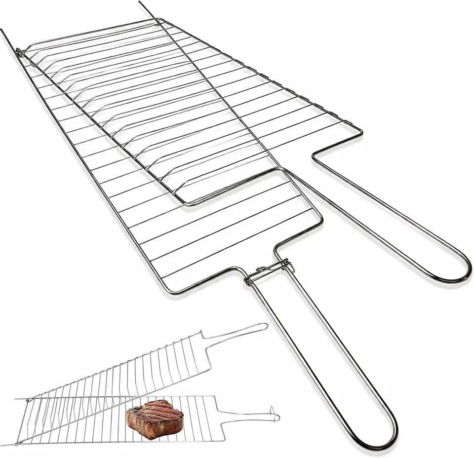 Grelha Dupla Churrasqueira 70x22cm Churrasco Parrilla Abaulada para Carnes Frango Peixe Linguica Grade Giratoria Segura Aco Resistente Cabo Longo