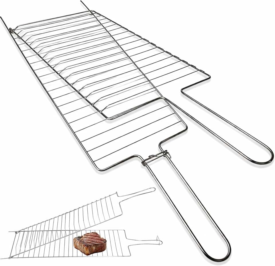 Grelha Dupla Churrasqueira 70x22cm Churrasco Parrilla Abaulada para Carnes Frango Peixe Linguica Grade Giratoria Segura Aco Resistente Cabo Longo
