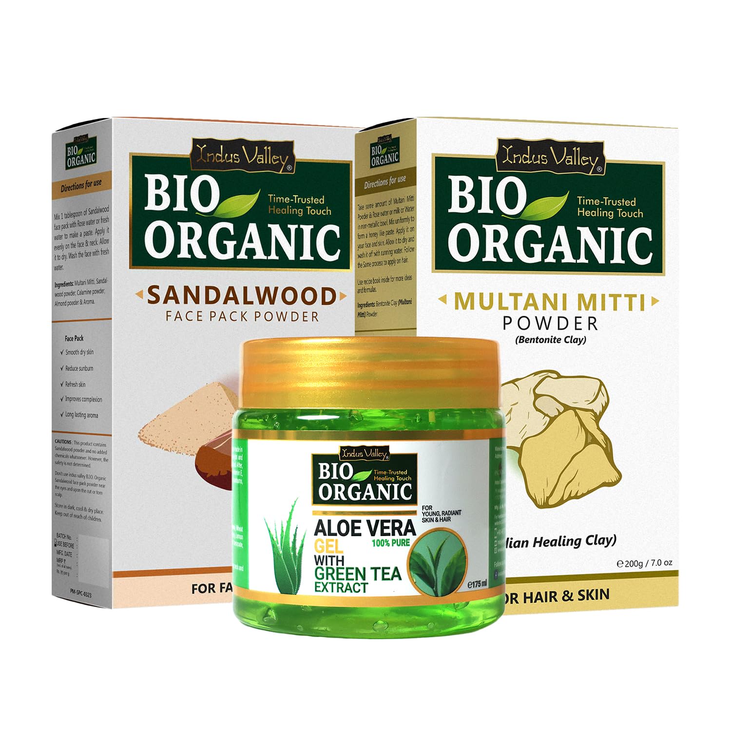 Indus Valley Bio Organic Non-Toxic Aloe Vera Gel + Sandalwood Face Pack + Multani Mitti Powder | Healing Clay | Bentonite Clay (175Ml +200G+200G)