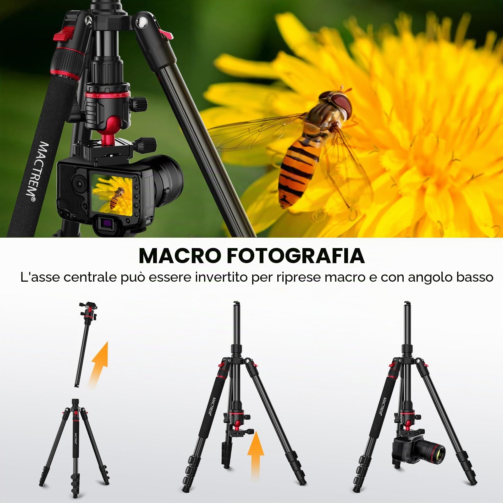 Treppiede per Fotocamera,MACTREM Treppiede da Viaggio e Monopiede in Alluminio da 74 Pollici/187 cm con Testa a sfera a 360°, Treppiede Leggero per Smartphone, iPad, Canon, Nikon, Sony