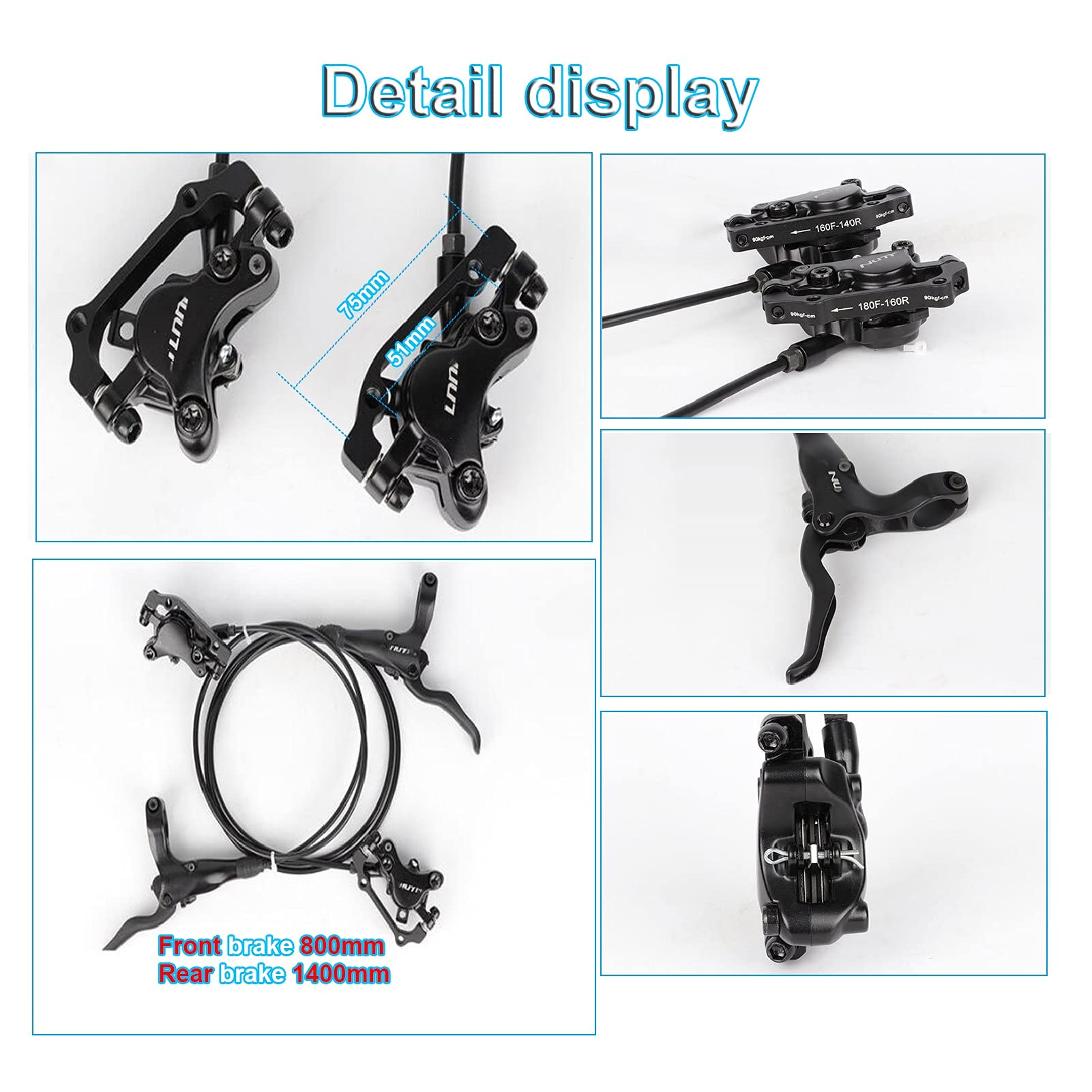 VPPV Freni a Disco Idraulici MTB 160mm, Lega di Alluminio Manico Regolabile 800 mm / 1400 mm Pinza per Bicicletta Corsa Leve dei Freni a Disco