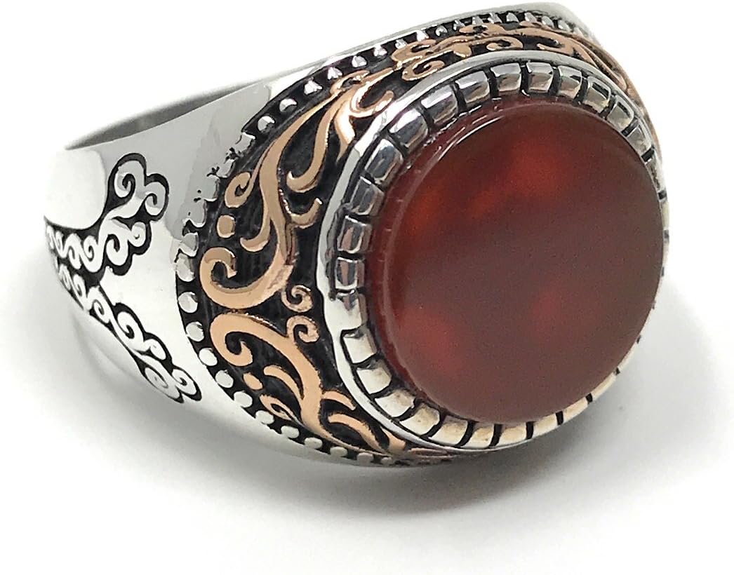 KAR925k Stamped Sterling Silver Filigree Red Agate (Aqeeq) Men's Ring K4H