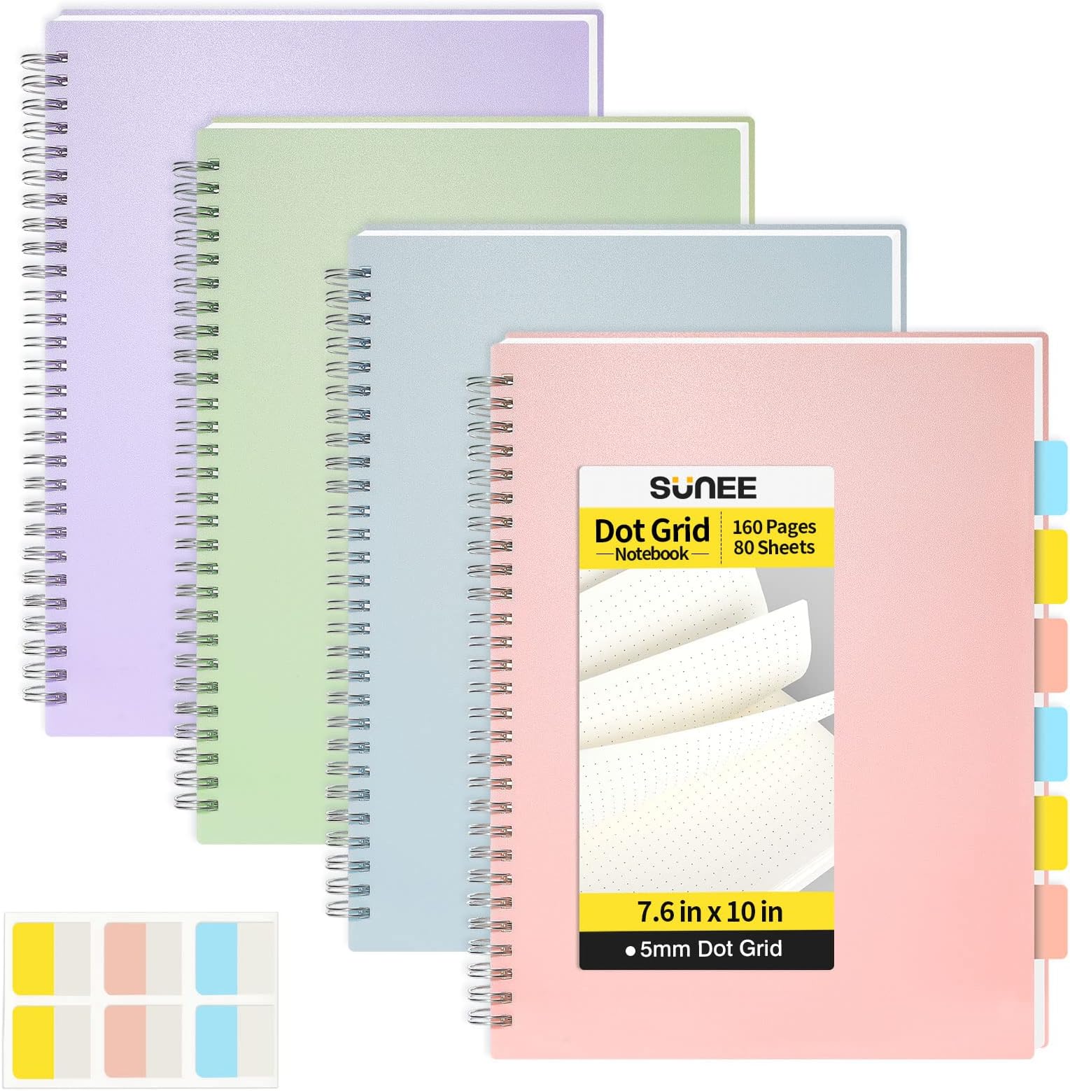 SUNEE Dotted Spiral Notebook - 4 Pack B5 Bullet Journals 7.6 x 10 Inches 5 x 5mm Dot Grid Paper 80 Sheets/160 Pages - Journals for Study and Notes (pink, blue, green, purple)
