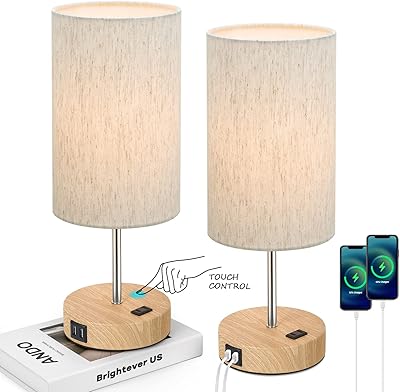 Table Lamps Set of 2 Touch Control, 2 USB Charging Ports&AC Outlet, 3-Way Dimmable Bedside Nightstand Lamp with Flaxen Fabric Shade and Wooden Base for Bedroom, 2-Pack A19 LED Bulbs Included