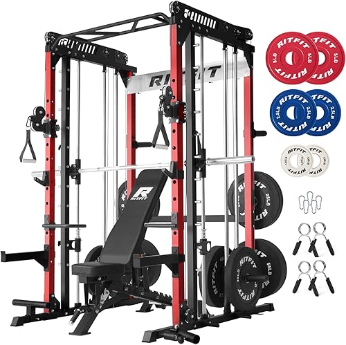 Miniatura 21 de RitFit Máquina M1 Pro Smith con sistema de cruce de cables, jaula multifunción para sentadillas para gimnasio en casa, rack de energía y paquetes