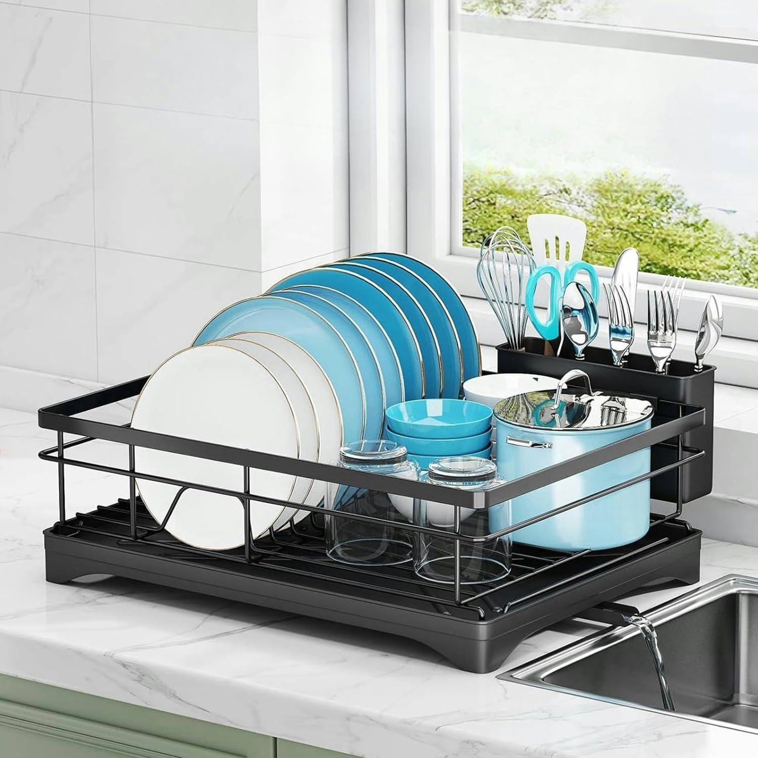 Belvery Dish Drying Rack Dish Drying Stand with Rotatable Drainage System, Utensil Holder, Large Capacity, Scratch Resistant Frosted Baking Paint Process Coatings for Kitchen Counter, Black