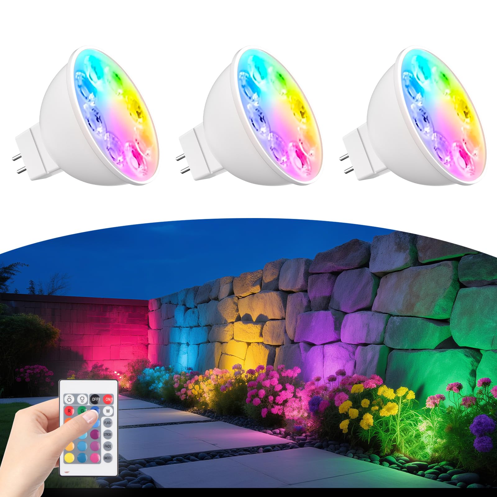 MR16 Color Changing LED Bulbs, RGB GU5.3 Bi-pin Light, Warm White+15 Multicolors and 4-Level Brightness on Remote Control for 12V Low Voltage Landscape Lighting Holiday Lights 4W 3-Pack