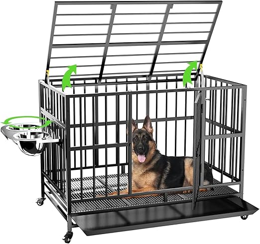 LOVMOR 48" Heavy-Duty Dog Crate with Wheels, Air-Lift Top, Dual 360° Adjustable Bowls – Ideal for Large Dogs