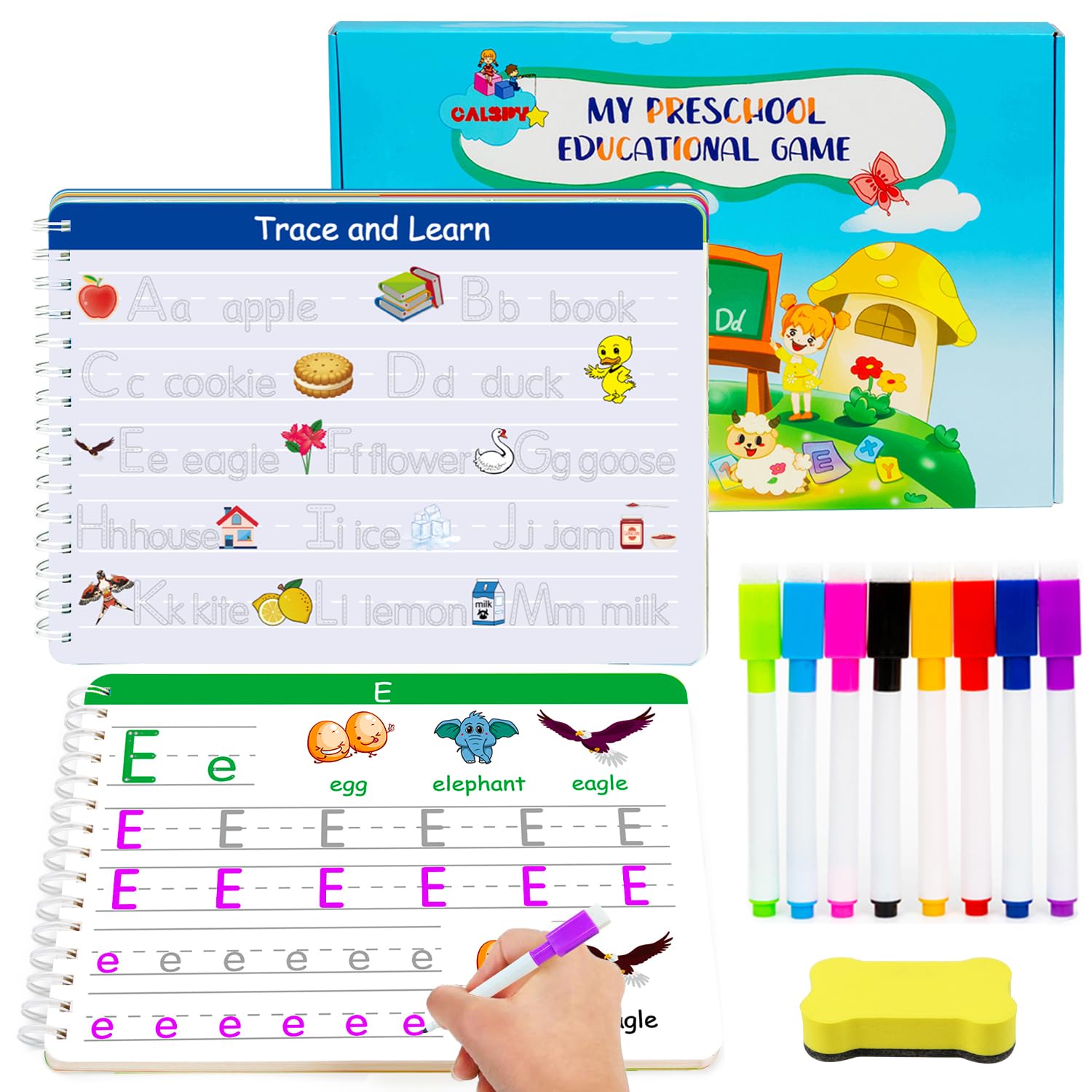 CALSP Preschool Learning Activities & Toddler Writing Practice,55-Page Dry Erase Practice Book for Kids Ages 3-5,Letter Tracing Activity Book with 8 Markers + Eraser,Toddler Airplane Travel Essentials