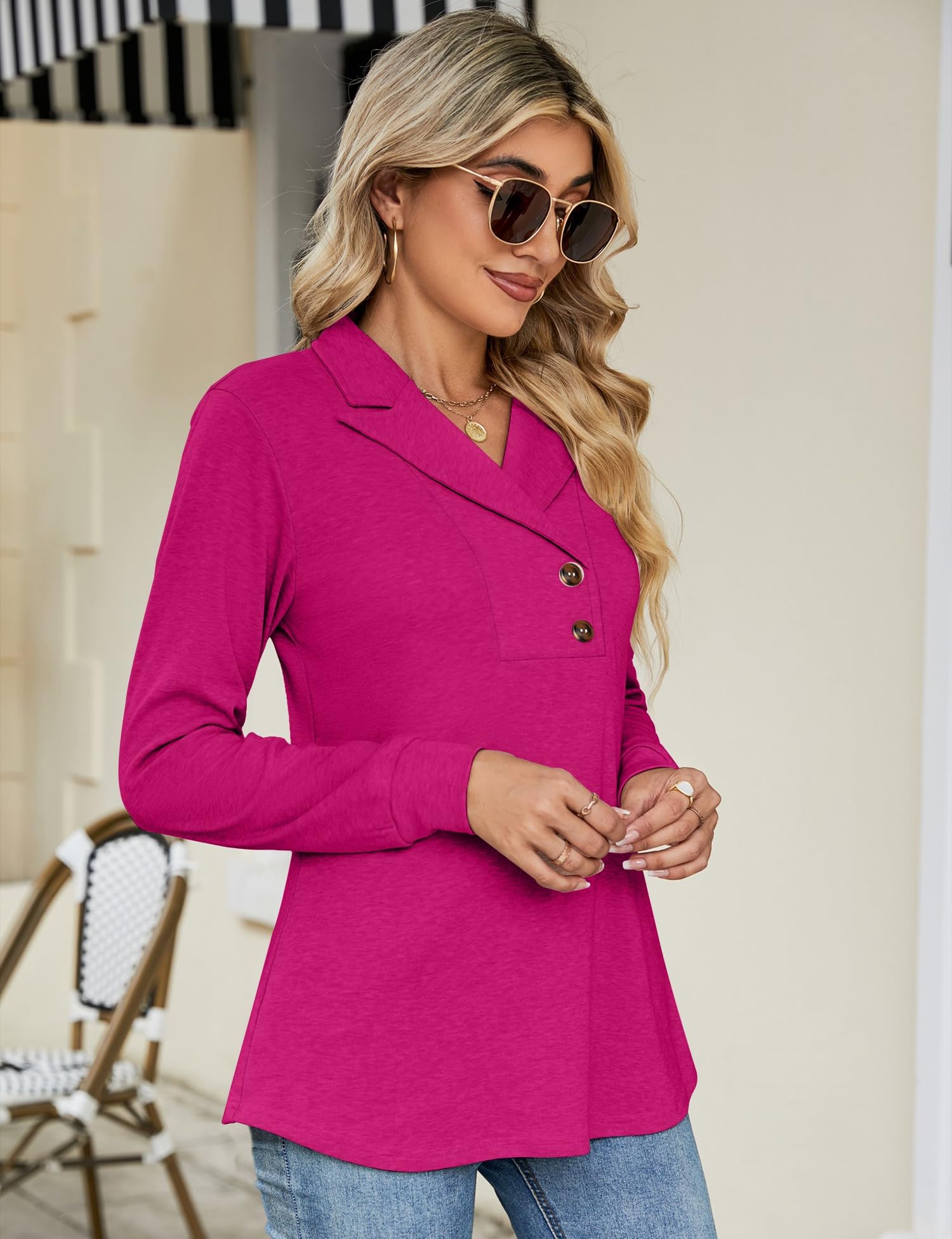 Micoson Tunique à manches longues et col en V pour femme - Col en V - Style décontracté, rose vif, XX-Large