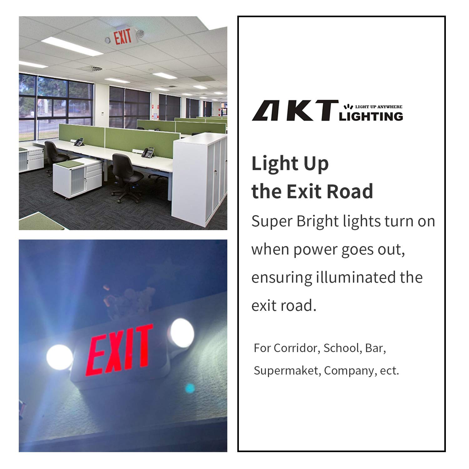Luz de salida de emergencia, luz de señal de salida de dos LED ajustables, combo de iluminación de salida de emergencia comercial con batería de respaldo para negocios con certificación
