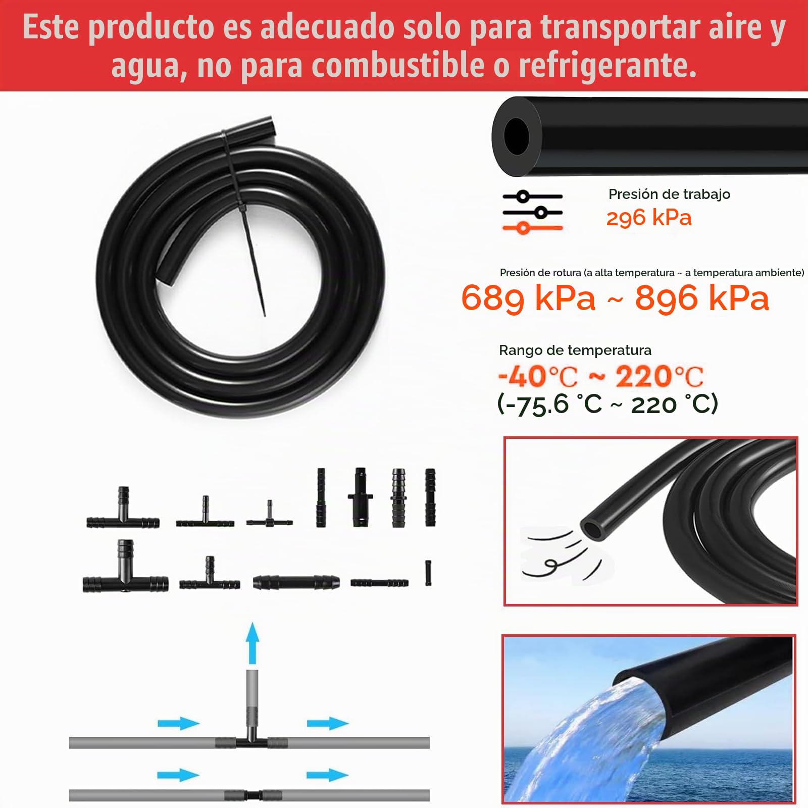 Juego de tubos de vacío de silicona, 3/4/5/6/8/10 mm (2 m cada uno), con 120 conectores, Presión de estallido 130 PSI, Rango de temperatura -40 a 220°C, para sistemas de vacío y agua de coche