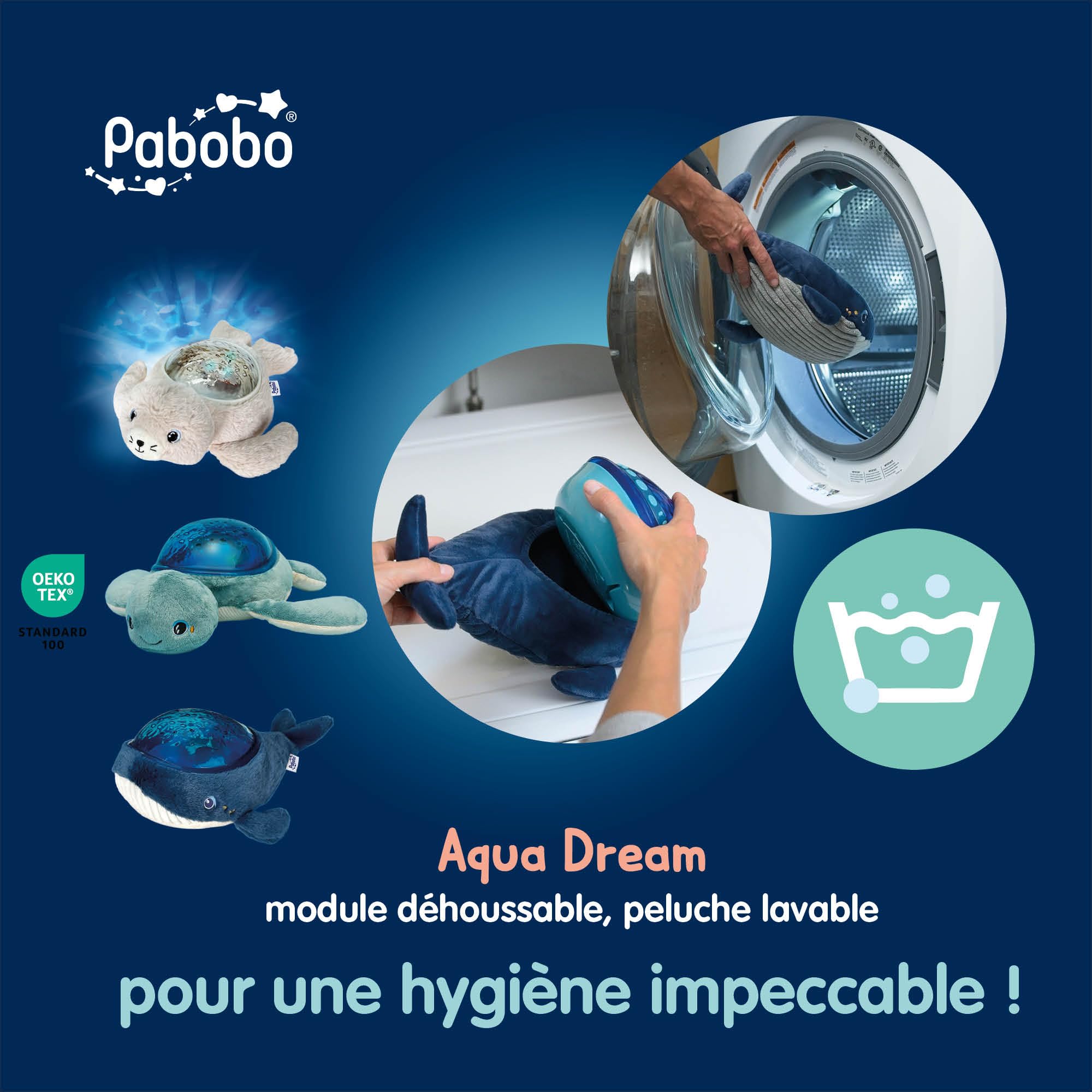 Pabobo - Nachtlicht Robbenprojektor Aqua Dream | Animierte Unterwasserprojektionen | beruhigende Geräusche & Wiegenlieder | automatische Abschaltung | waschbares Plüschtier