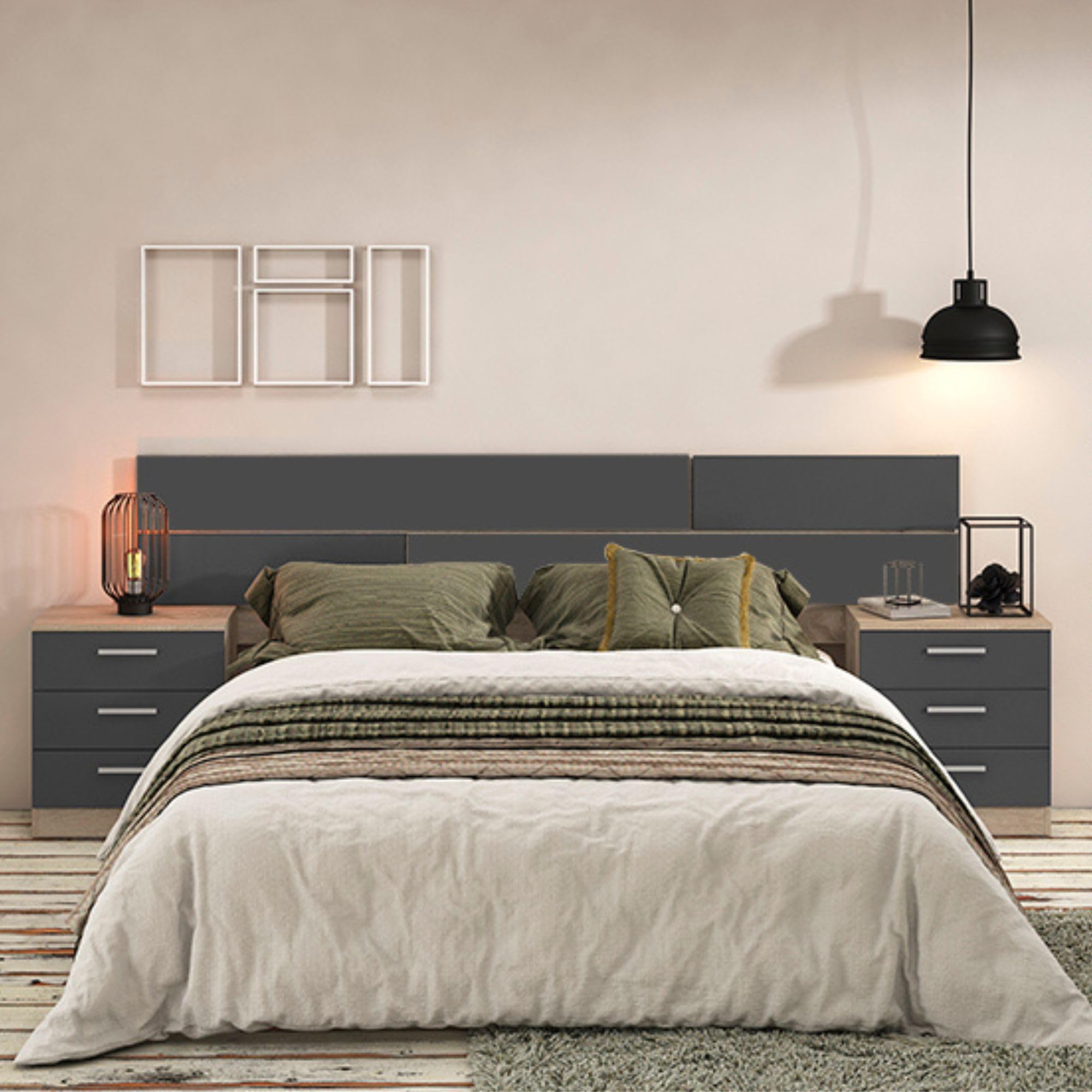Pack tête de lit et 2 tables de chevet, chambre double, chambre complète, finition en cambria et graphite, dimensions : 220 cm (largeur) x 50 cm (hauteur) x 35 cm