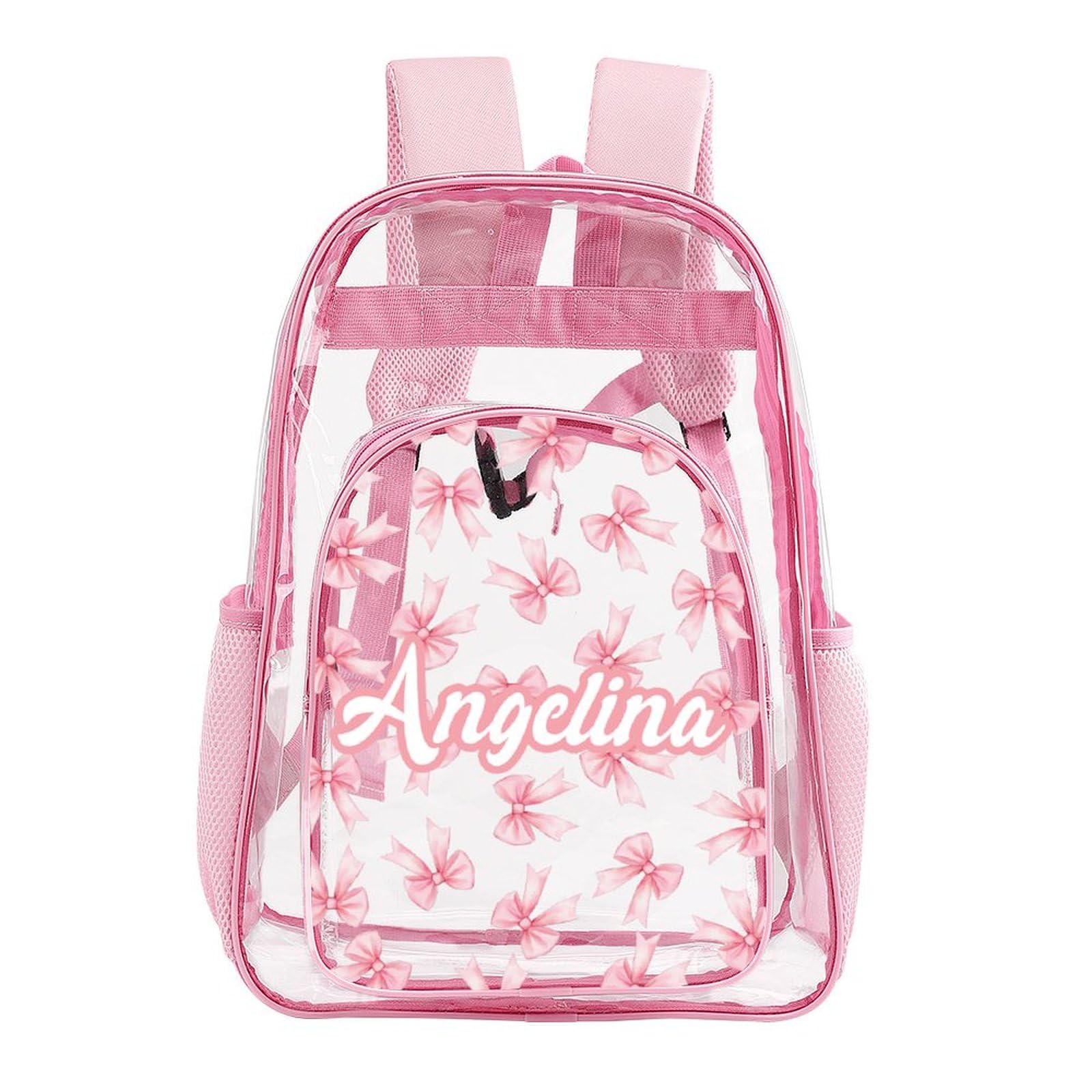 SHYESOP-ey Personalized Clear Backpack PVC See Through Transparent Backpack with Name Reinforced Strap & Large Capacity Back to School Gifts(Pink Bow