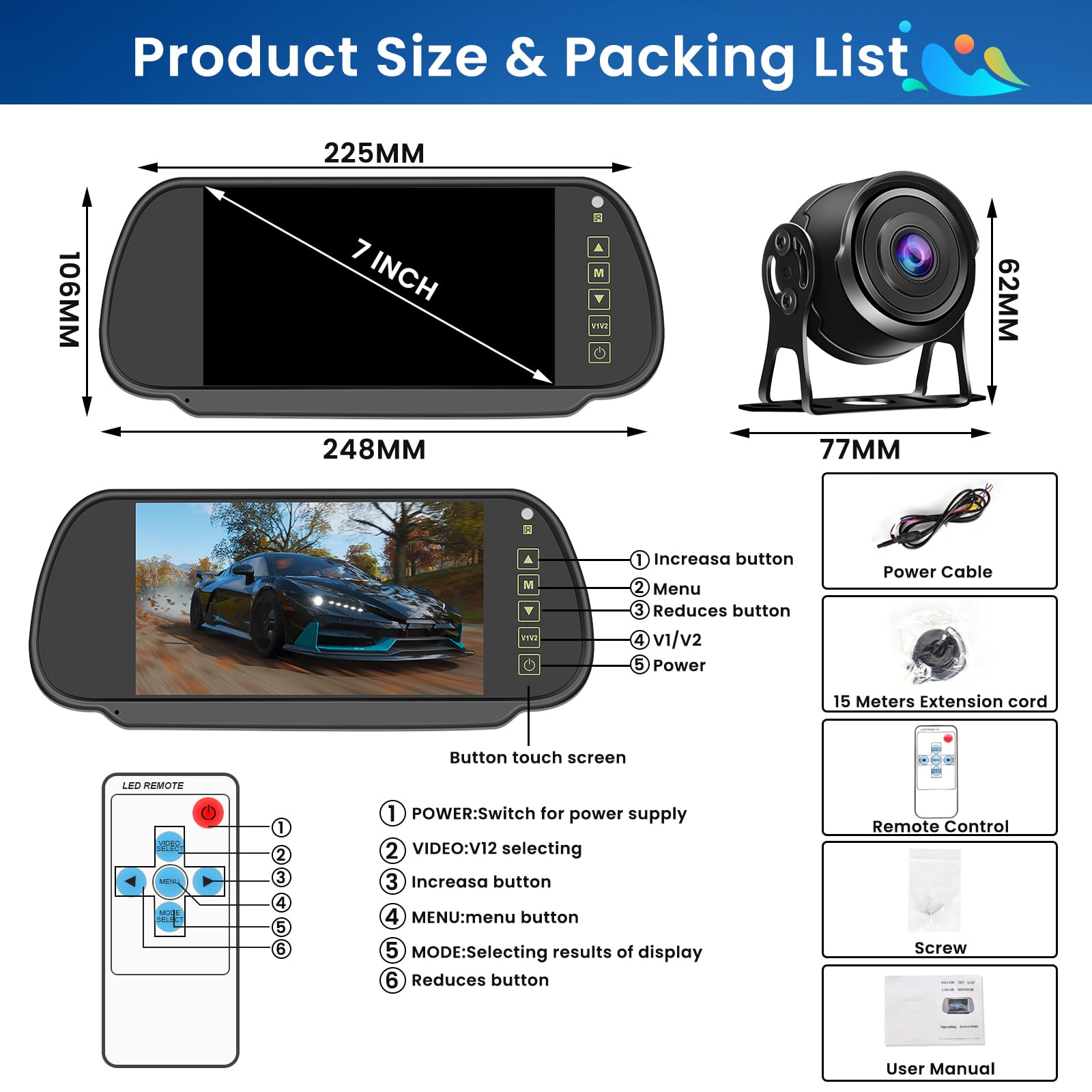 Hikity Kit de Cámara de Marcha Atrás con Pantalla LCD de 7" y Cámara Trasera AHD, Señal Estable, IP66 Impermeable, IR Visión Nocturna 4-Pin 15M Camión/Remolque/Bus/Camara de Marcha (12-24V)