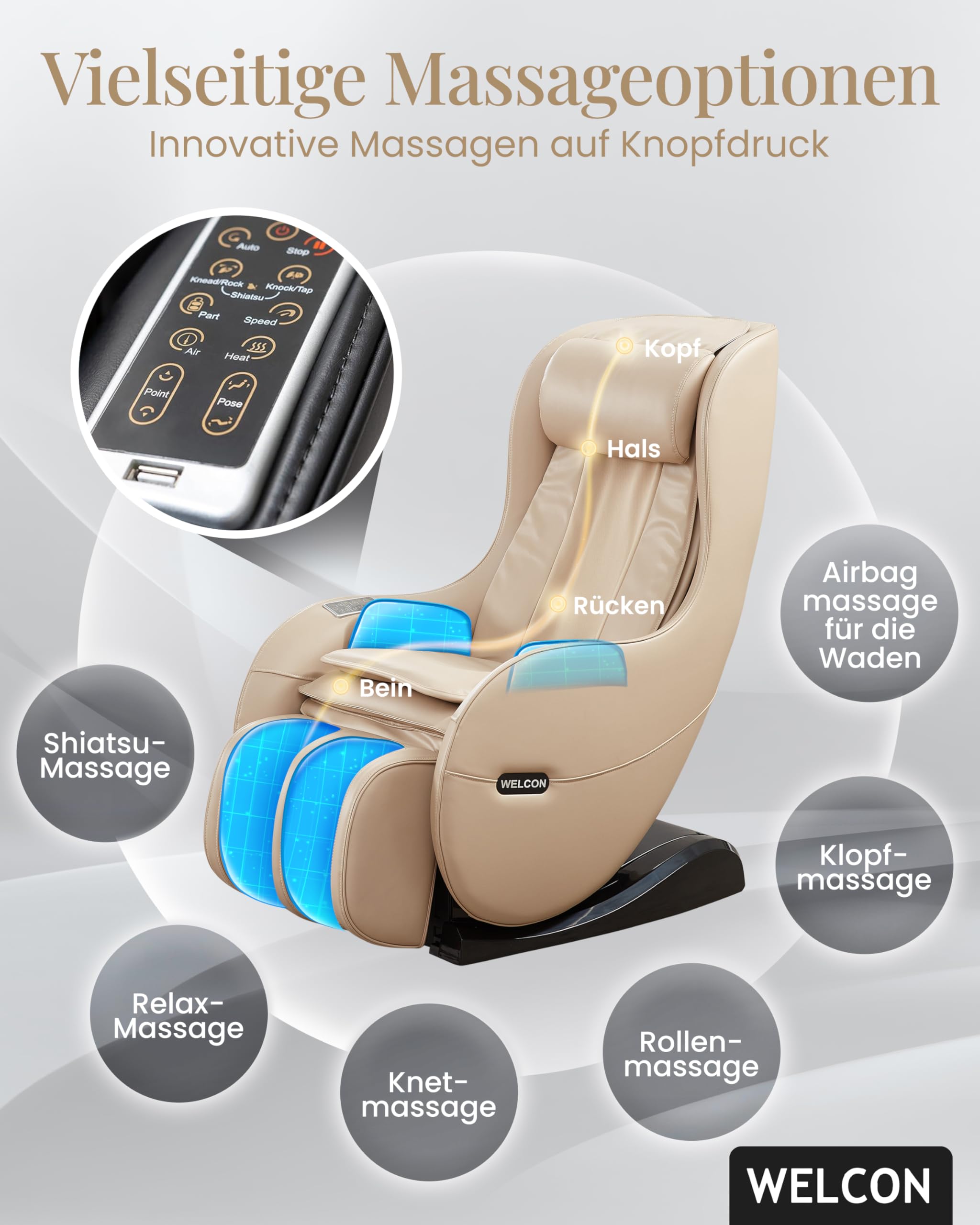 Sillón de Masaje WELCON EASYRELAXX en Beige Con Función de Calor, Programas Automáticos, Masaje de Amasado, Golpeteo, Rodillos, Airbag y Compresión | Sillón eléctrico con masaje 4D, presión de aire, sillón relax Zero Gravity
