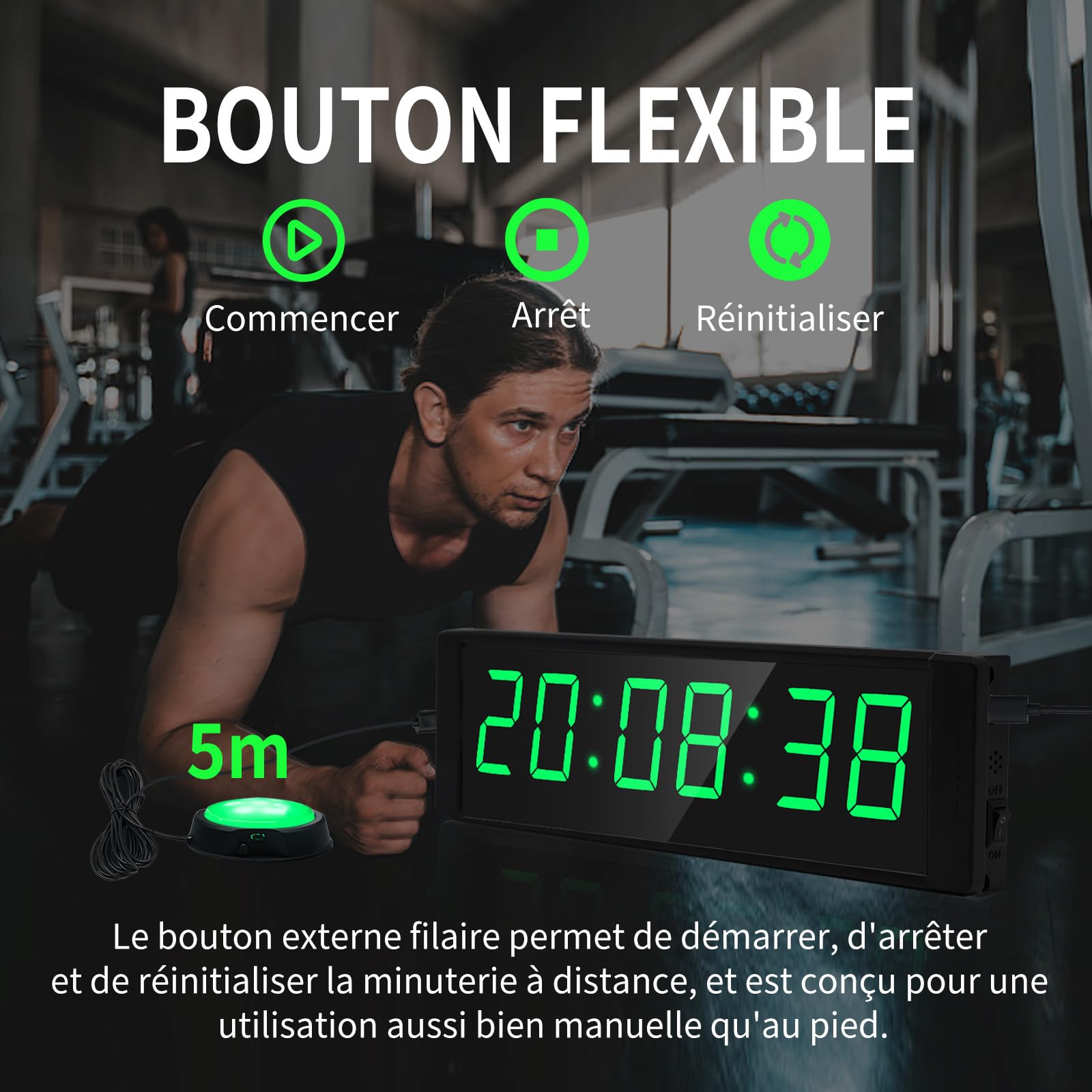 LUCKY TIME Minuteur Fitness LED avec Télécommande et Bouton Start/Stop | Chronomètre Compte à Rebours, Minuteur d’Intervalle 12/24H pour Salle de Sport à Domicile