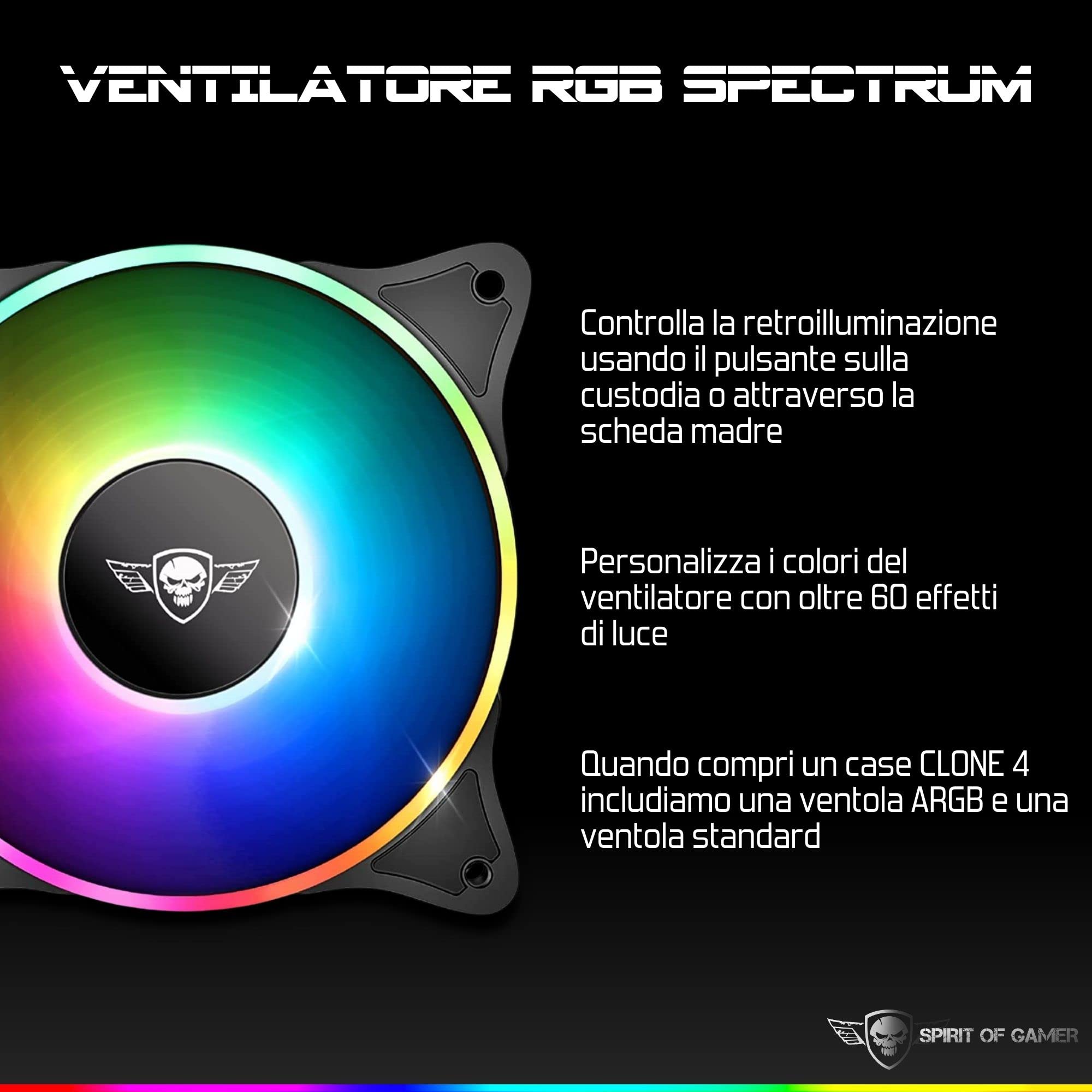 SPIRIT OF GAMER - CLONE 4 - Case PC Gaming RGB con Parete Trasparente In Vetro Temperato - Crea il tuo Tower Gamer - Case Mid Tower Compatibile ATX/MATX/ITX - 2 Ventole da 120mm Incluse