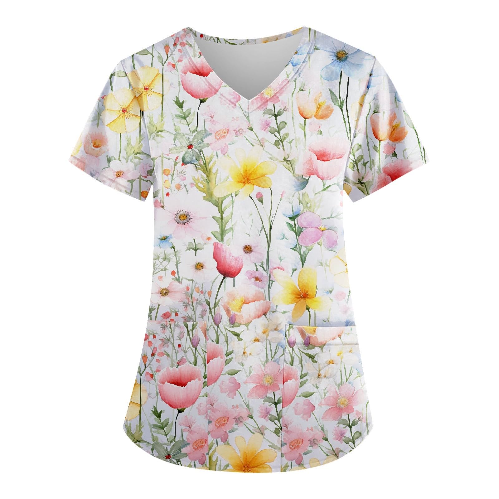 Womens Scrubs Floral Printed Short Sleeve Blouses V Neck Working T-Shirts Easy Care Scrubs Tops with Pocket