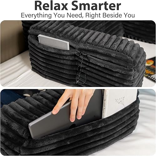 Miniatura 8 de ENITYA Almohada de espalda XL de 22 pulgadas para sentarse en la cama, brazos y bolsillos grandes integrados, almohada de lectura para sentarse