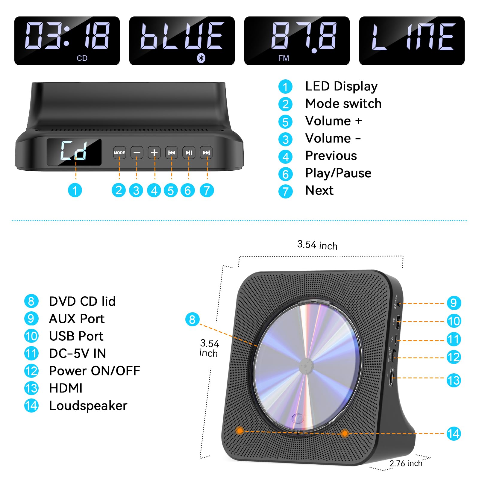 Gueray Reproductor de DVD para TV Bluetooth Reproductor de DVD/CD de Sobremesa para el Hogar con Altavoces Radio FM con Reproductor de CD de Tarjetas USB Incluye Mando a Distancia Cable HDMI