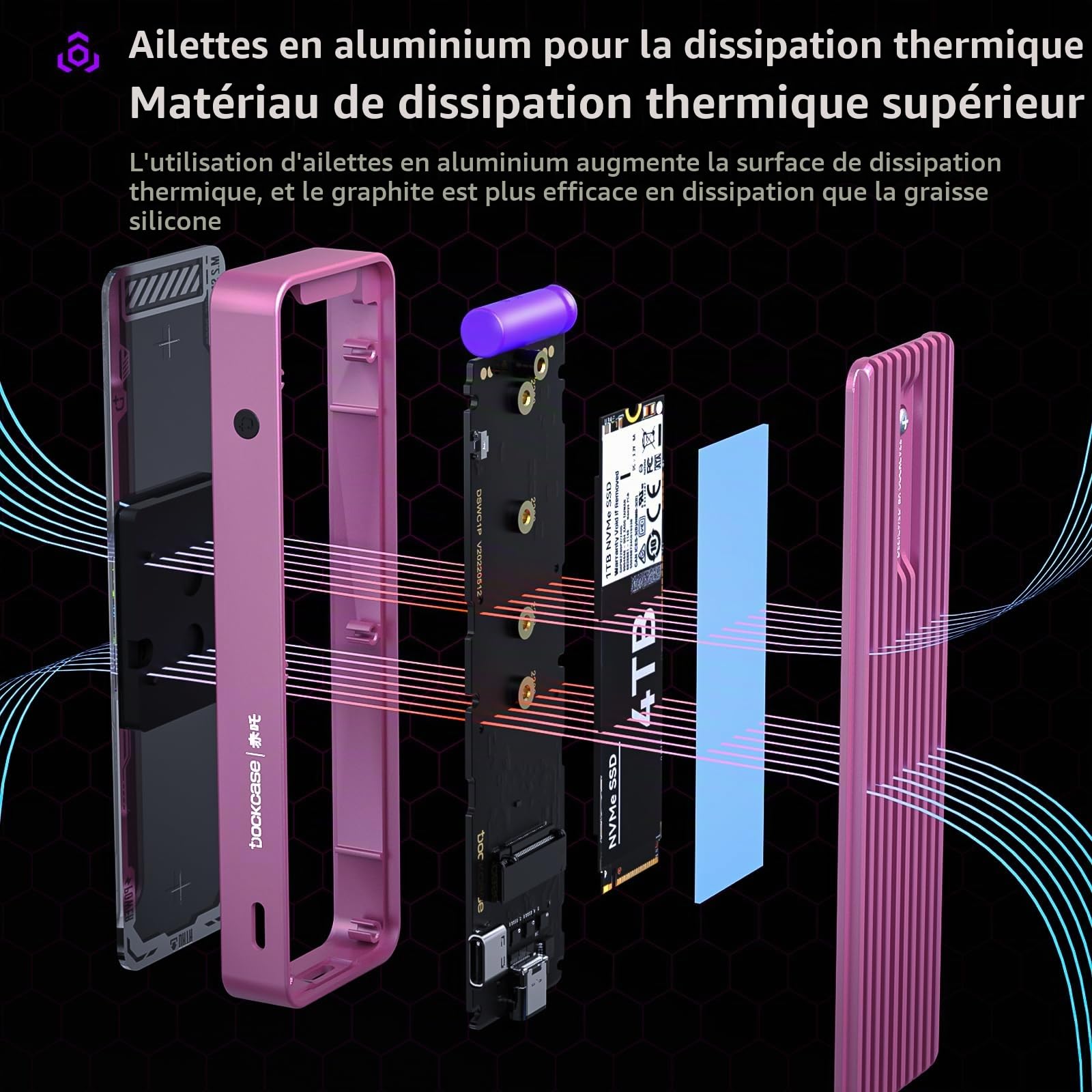DOCKCASE Explorer Edition Smart Boîtier M.2 NVME, Protection 10s Contre Les Pertes de Courant, Détection de l'État SSD, USB 3.2 (10 Gbps), Pour NVMe Jusqu'à 4 To, Rosa