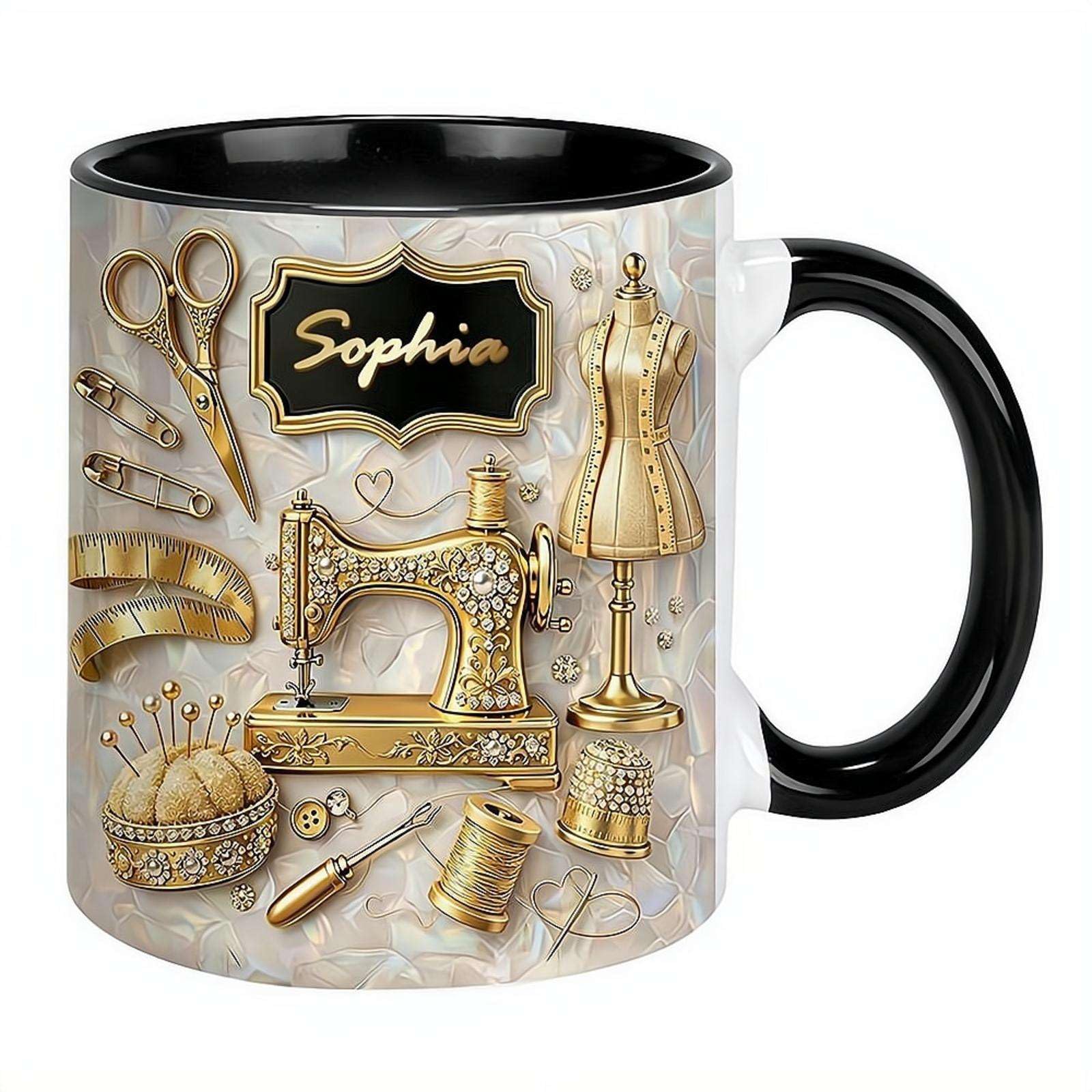 Personalized Ceramic Sewing Coffee Mug with Custom Name, Beautiful Sewing Machine Tea Cups, Novelty Coffee Cup Sewer Cup Gifts for Friend Family, Quilting Enthusiasts,11oz