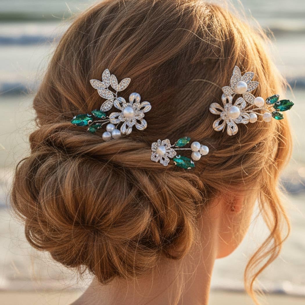 HEREAD Blue Crystal Bride Wedding Hair Pins Silver Flower Bridal Hair Pieces Pearl Hair Accessories for Women and Girls (Pack of 3) (Green)