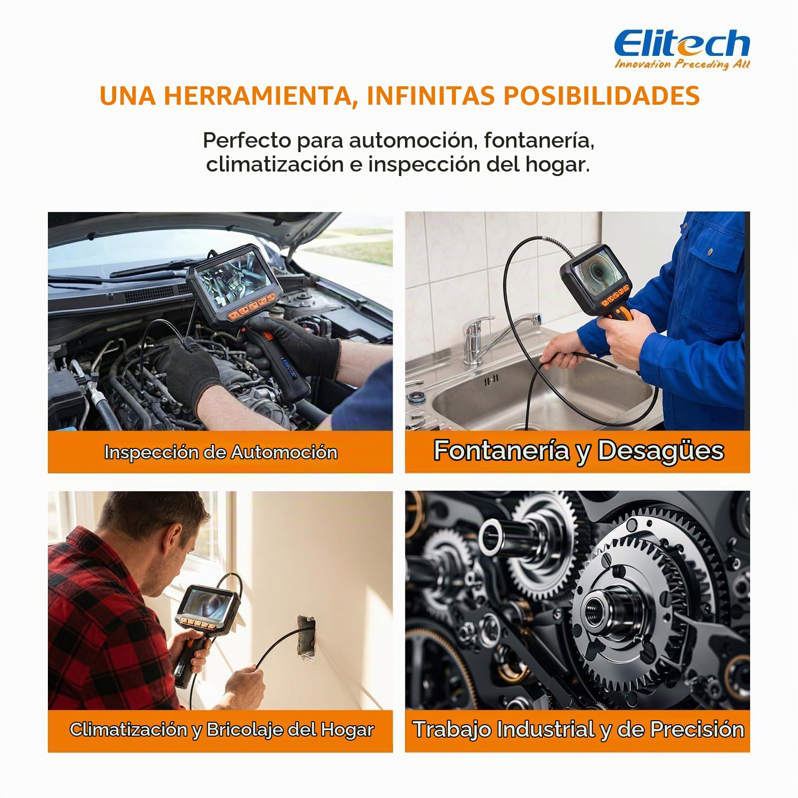 Elitech Cámara de Inspección de Tuberías y Motores Endoscopio Articulado Bidireccional 180° con Pantalla IPS 4.3" y Sonda Ultrafina 6.2mm IP67 Herramienta Profesional ELS-240